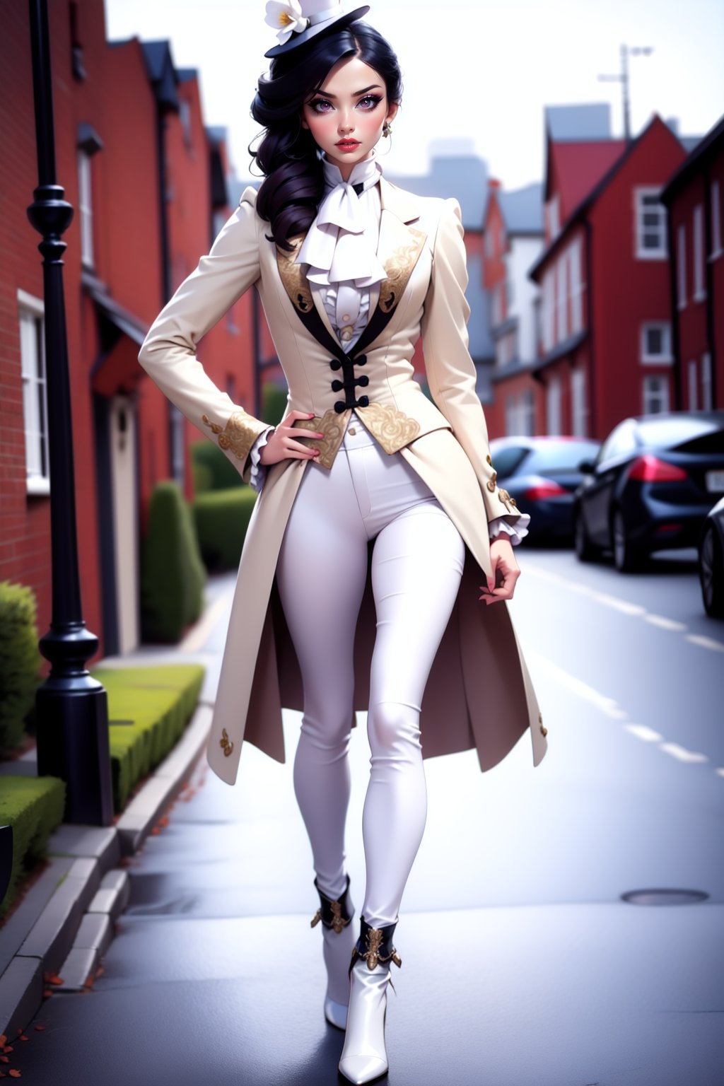 cinematic film still 1girl, solo, adult mature woman, high quality, best quality, highres, high detail,   <lora:VictorianRidingOutfit:0.75>, r1d3r, (silver ornate formal jacket), long sleeves, (tailcoat), crimson striped pants,  ascot, frills,  high collar,  high heel boots, cuffs, buttons, flower, puffy sleeves, cleavage cutout, breasts apart, lace, parted lips, eyeliner, eyeshadow, makeup, glitter lips, [mini top hat]   . shallow depth of field, vignette, highly detailed, high budget, bokeh, cinemascope, moody, epic, gorgeous, film grain, grainy