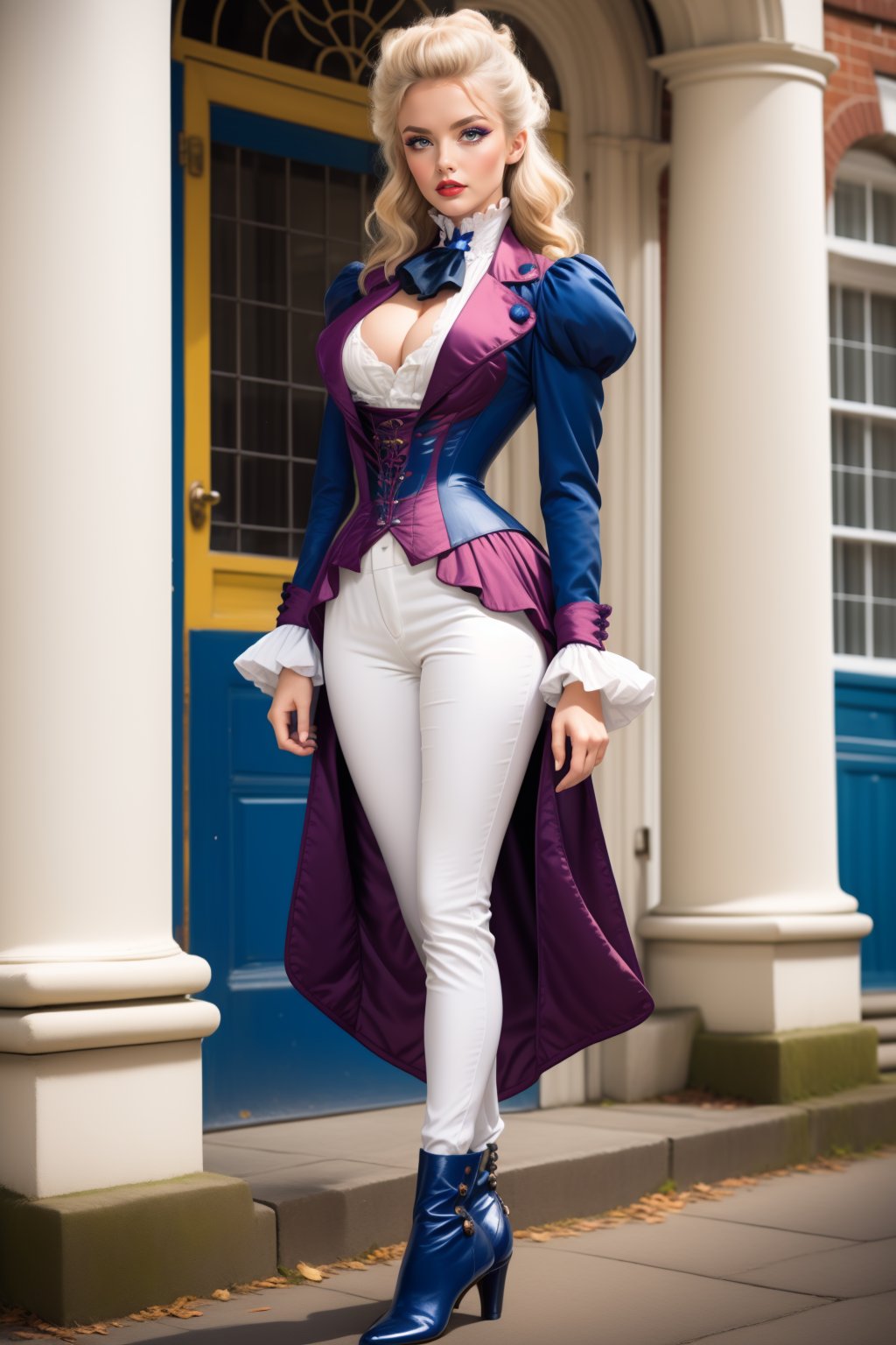 1girl, solo, adult mature woman, high quality, best quality, highres, high detail, (platinum blonde hair, brown hair, multicolored hair) hair, <lora:VRO-52:0.75>, r1d3r, victorian riding outfit,   (formal jacket), long sleeves, (tailcoat), white pants, ascot, frills, contrapposto, high collar,  high heel boots, cuffs, buttons, flower, puffy sleeves, cleavage cutout, breasts apart, corset,  parted lips, eyeliner, eyeshadow, makeup, glitter lips  