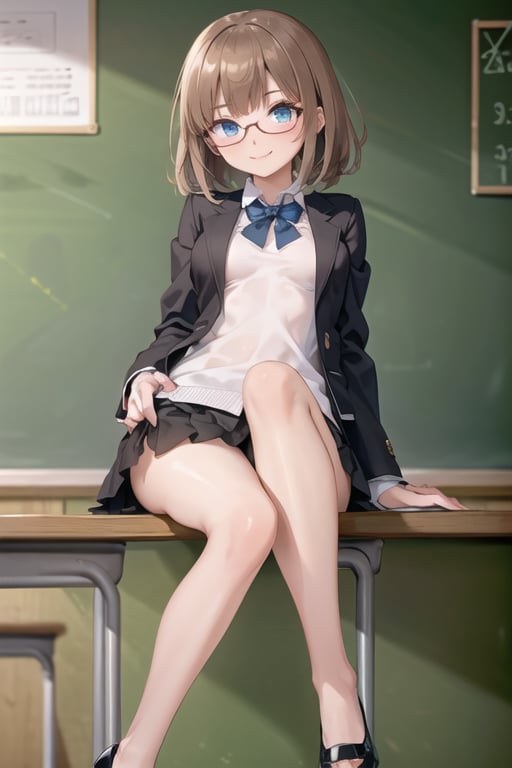 1girl solo , slim, small breasts , brown hair,   slim, athetic, mature,smile,evil face, school, books, black jacket,closed jacket, black tube skirt, black tie , large black circular glasses ,legs, black shoes, Miss,classroom,((the girl is teacher)) ,blue eyes, ((in front of the blackboard the girl teach classes)),(( the girl  write on the board)), black heeled shoes ,front  view