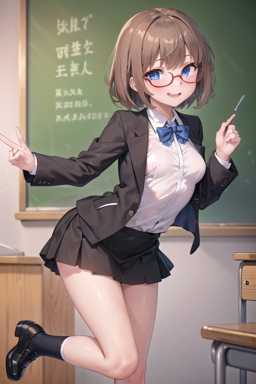 1girl solo , slim, small breasts , brown hair,   slim, athetic, mature,smile,evil face, school, books, black jacket, black skirt, black tie , circular glasses ,legs, black shoes, Miss,classroom,teacher ,blue eyes, in front of the blackboard the girl teach classes,  write on the board, white socks ,front  view