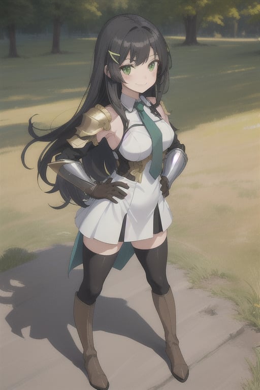 1girl ,solo ,long hair ,looking at viewer ,smile ,black hair ,hair ornament
,thigh highs ,brown gloves, white dress ,green eyes, standing, full body ,brown boots ,detached sleeves ,Light Blue necktie, hairclip, black thighhighs, armor, zettai ryouiki, hand on hip ,brown footwear,sunny day , green Meadow,  front view, shoulder armor,Lia