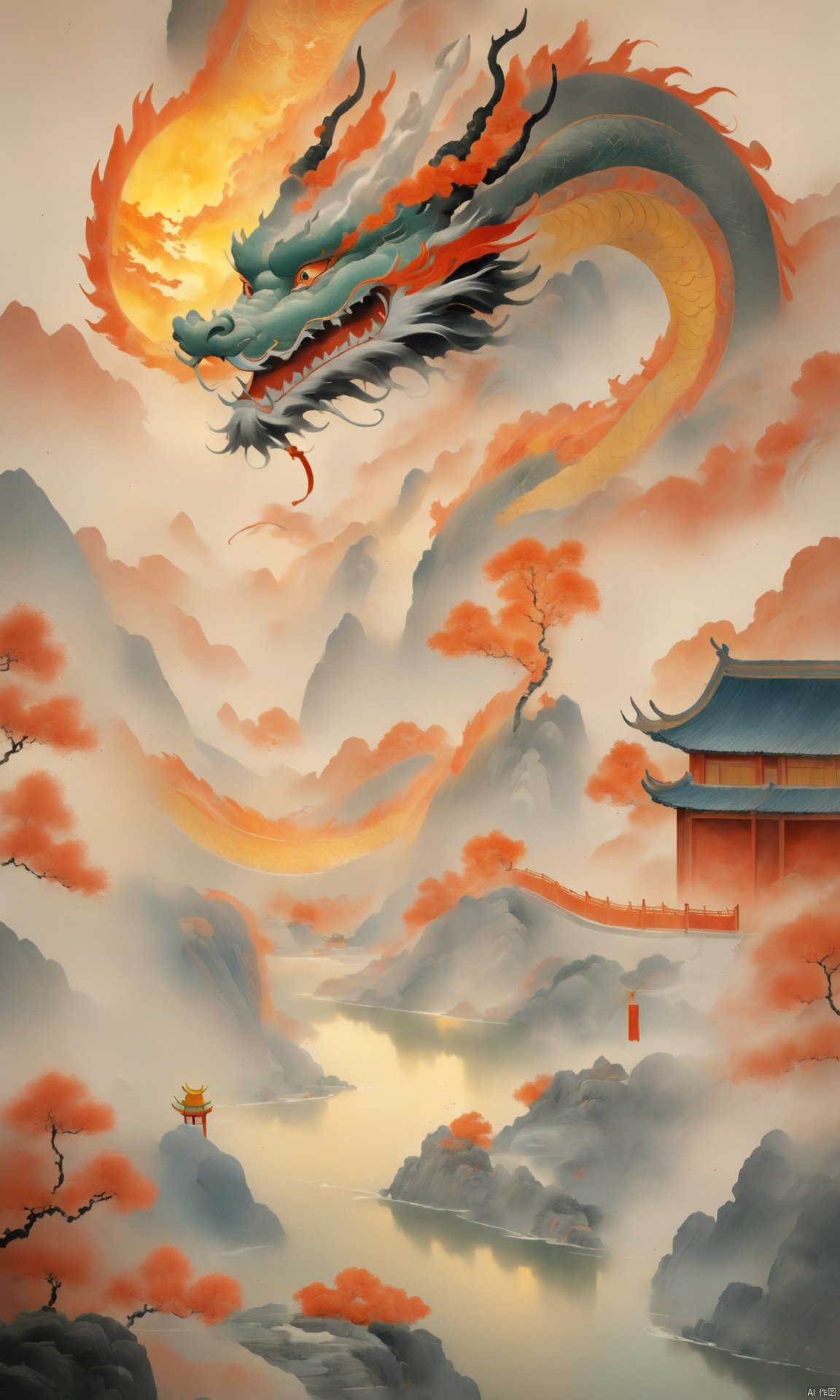 loong, open mouth, sky, cloud, fire, dragon, no human, dragon,chinese temple, mountain, guohua