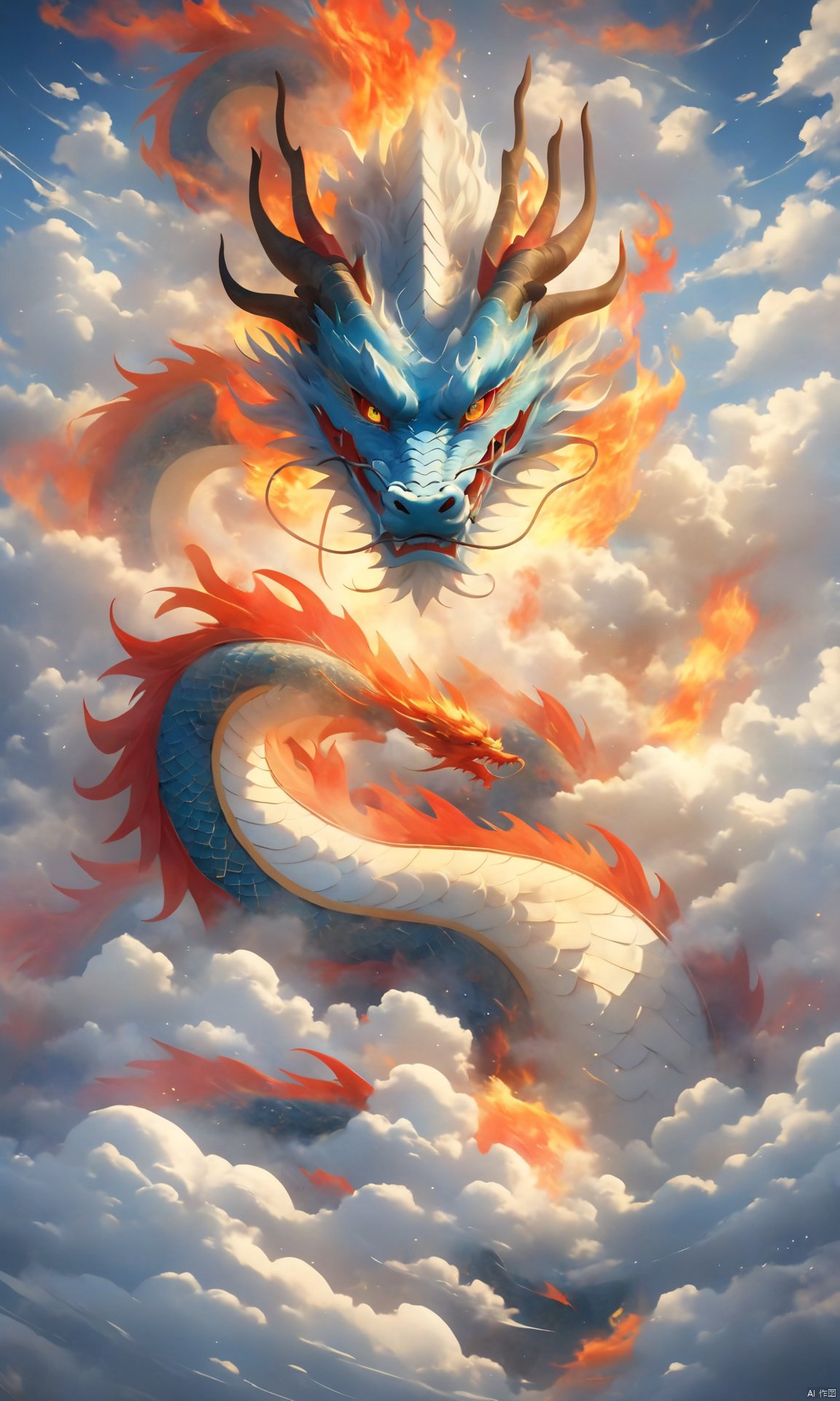 loong, open mouth, sky, cloud, fire, dragon, no human, loong