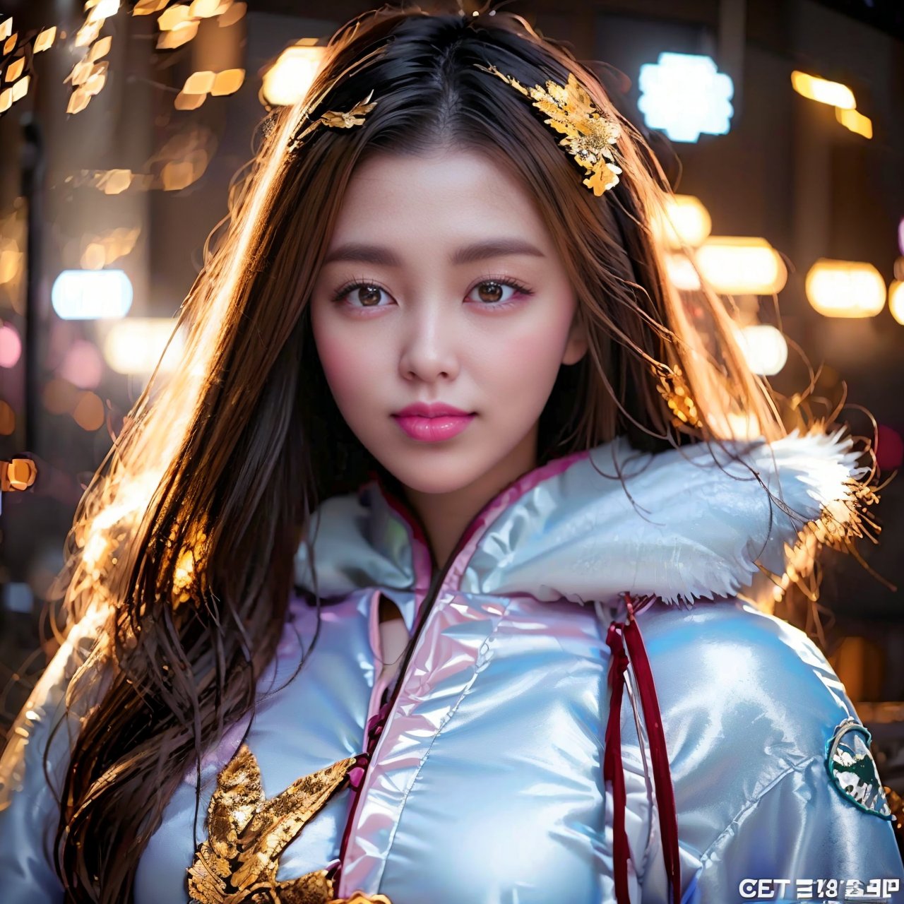 (masterpiece, top quality, best quality, official art, beautiful and aesthetic:1.2), hdr, high contrast, wideshot, 1girl, very long black hair, looking at viewer, clearly brown eyes, longfade eyebrow, soft make up, ombre lips, large breast (cheerfull act), frosty, parka jacket, (kpop clothing theme:1.5),  finger detailed, background detailed, ambient lighting, extreme detailed, cinematic shot, realistic ilustration, (soothing tones:1.3), (hyperdetailed:1.2),HongKong