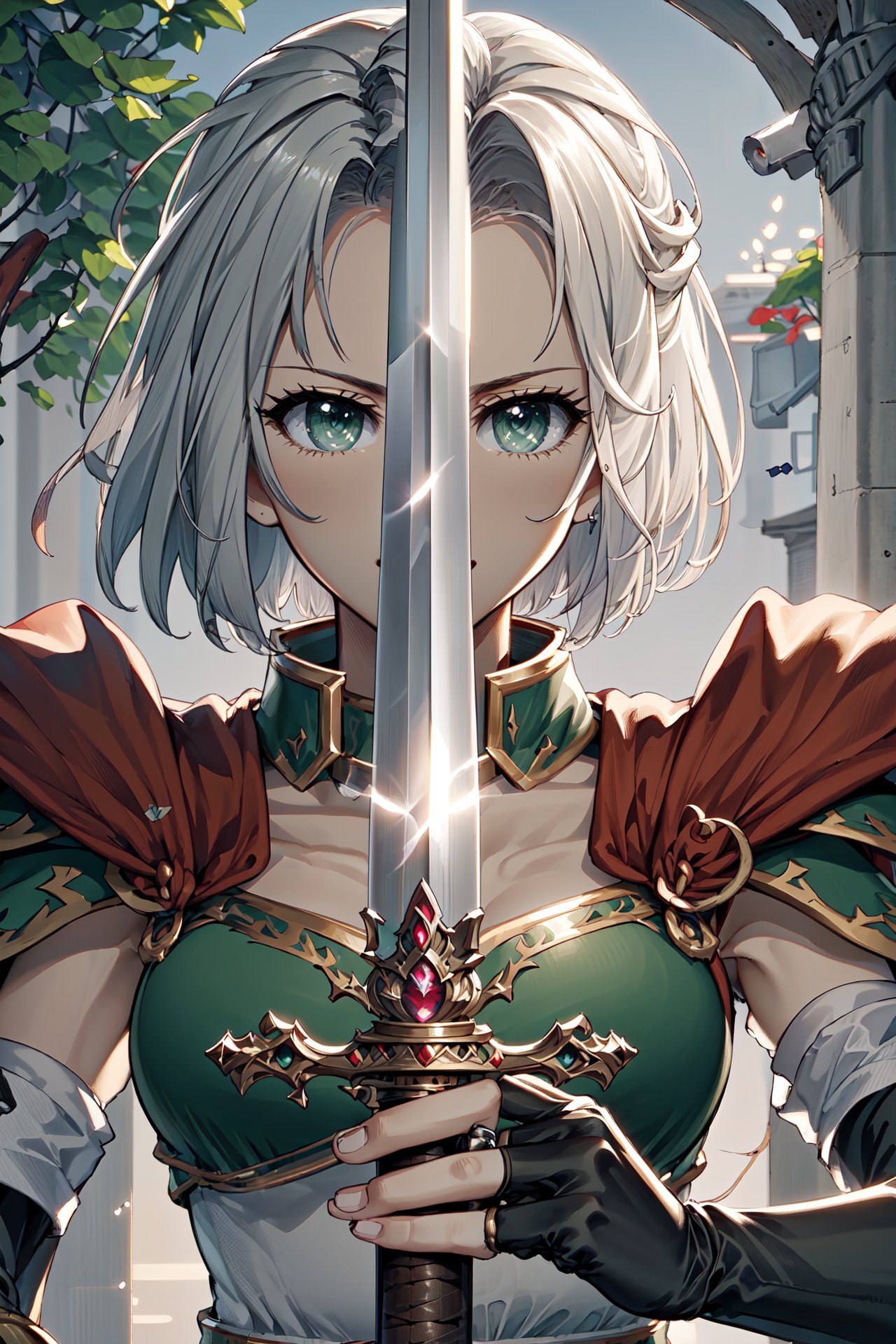 <lora:swordup-pose-richy-v1:0.85>,(swordup, looking at viewer, close-up,plump:1.2),sword,  <lora:amaldaV3:1>,amalda,green armor, elbow gloves, fingerless gloves, shoulder armor, dress,outdoors,castle,sunlight,  (masterpiece, best quality, ultra-detailed, best shadow)