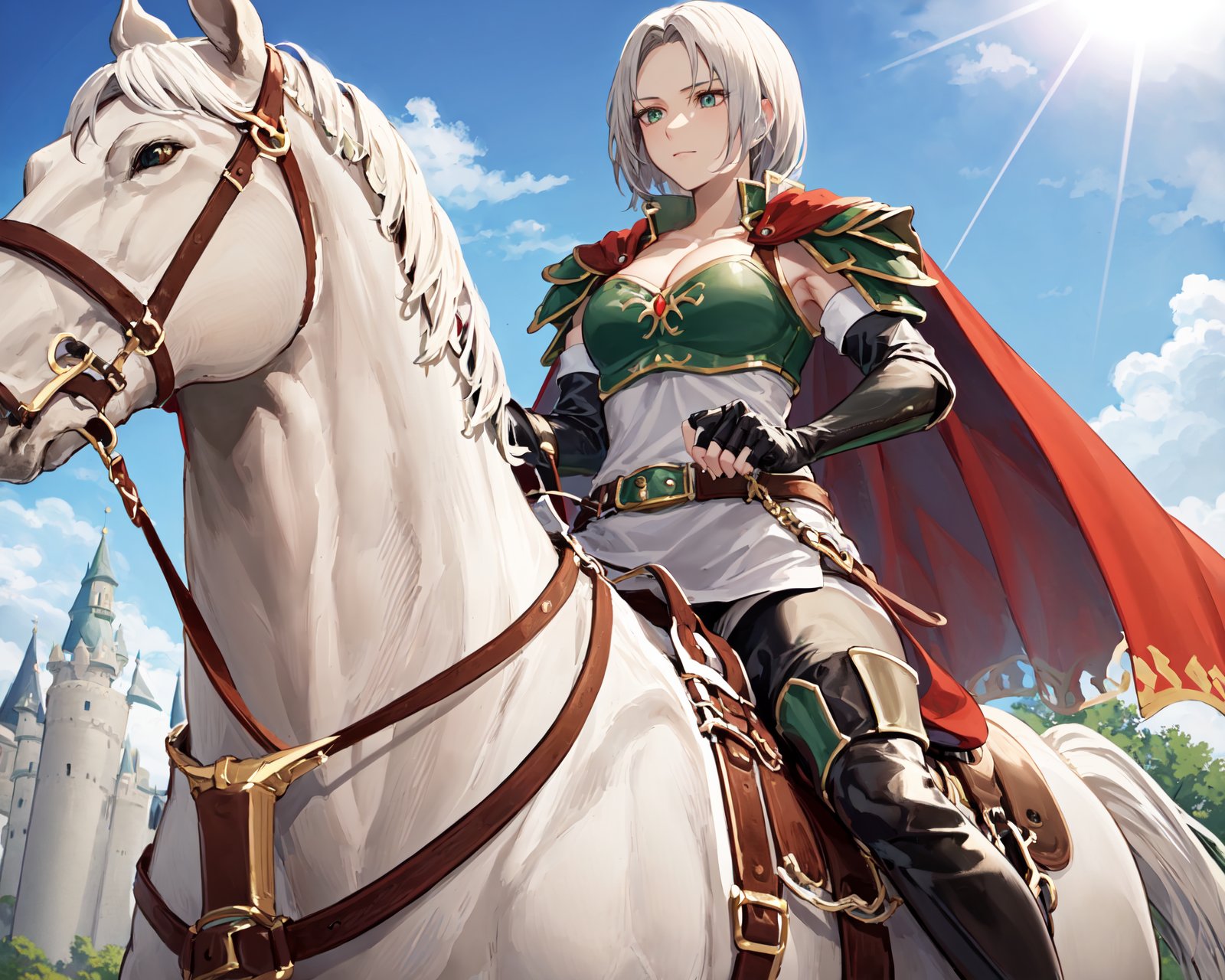 <lora:amaldaV3:0.7>,amalda,(from below, horse,riding a horse,saddle,reins:1.2),thigh boots, cape, thighhighs,armor, elbow gloves, fingerless gloves, black footwear, pantyhose, cleavage, belt, shoulder armor, dress,skirt,outdoors,castle,sunlight,  (masterpiece, best quality, ultra-detailed, best shadow)