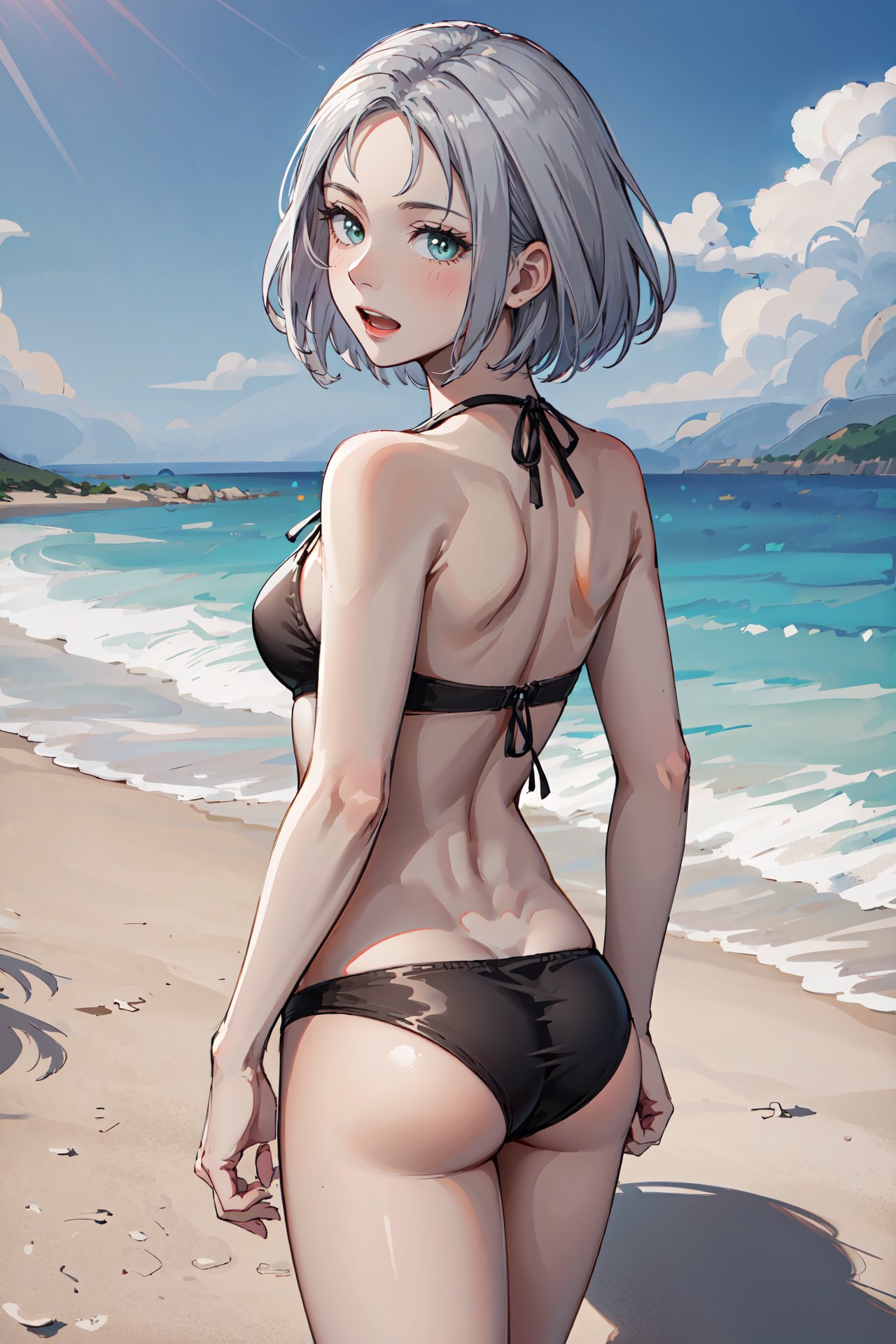 feminine pose,from behind,open mouth,ass,<lora:amaldaV3:0.9>,amalda,looking at viewer,bikini,outdoors,beach, (masterpiece, best quality, ultra-detailed, best shadow)