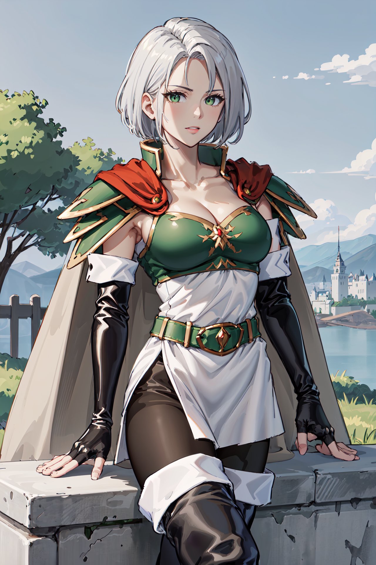 (upper body, hand on hip:1.1),<lora:amaldaV3:0.9>,amalda,looking at viewer,thigh boots, cape, thighhighs,green armor, large breasts,elbow gloves, fingerless gloves, black footwear, pantyhose, cleavage, belt, shoulder armor, dress,skirt,outdoors,castle gate, (masterpiece, best quality, ultra-detailed, best shadow)