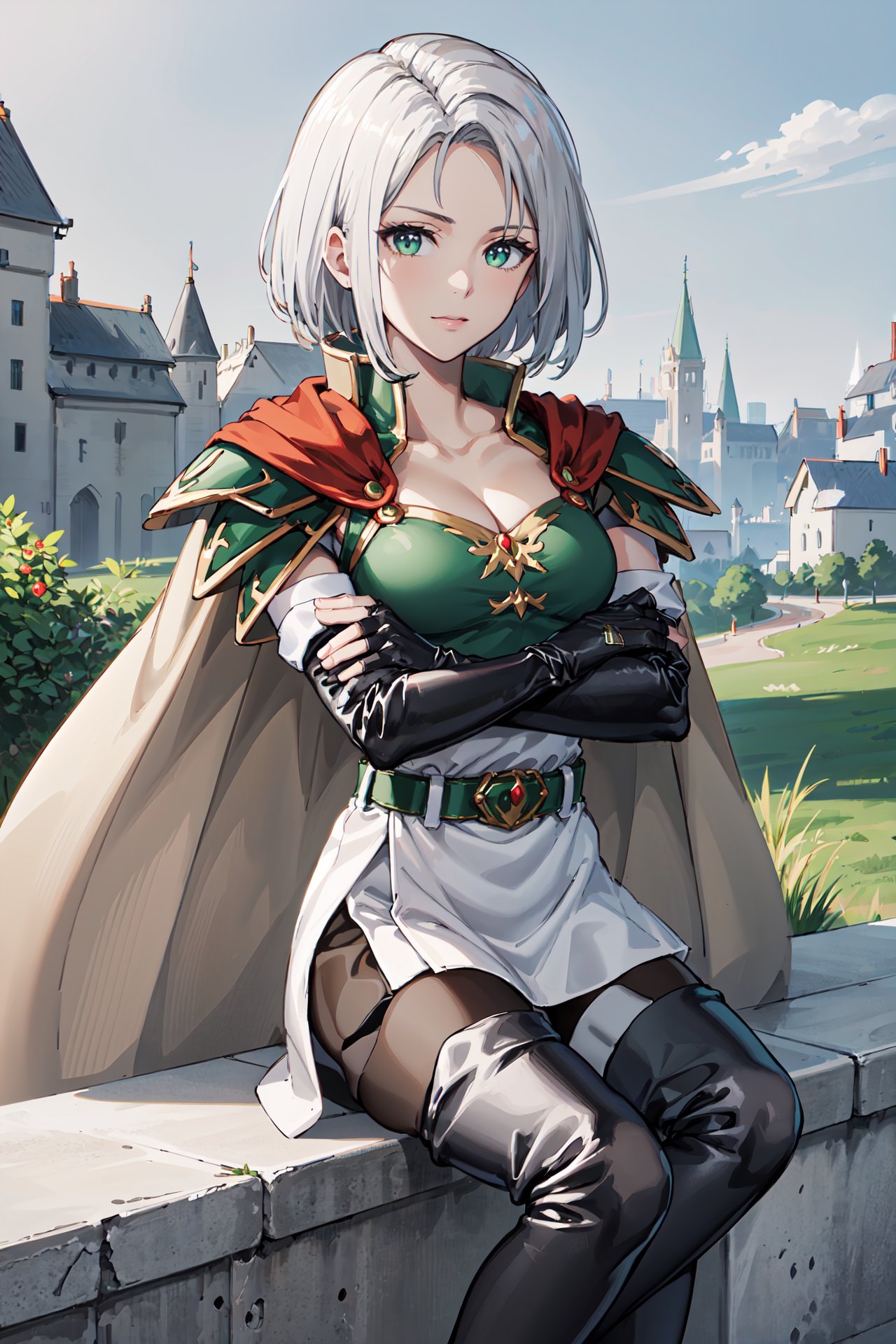 upper body,crossed arms,  <lora:amaldaV3:0.85>,amalda,looking at viewer,thigh boots, cape, thighhighs,armor, elbow gloves, fingerless gloves, black footwear, pantyhose, cleavage, belt, shoulder armor, dress,skirt,outdoors,castle,sunlight,  (masterpiece, best quality, ultra-detailed, best shadow)