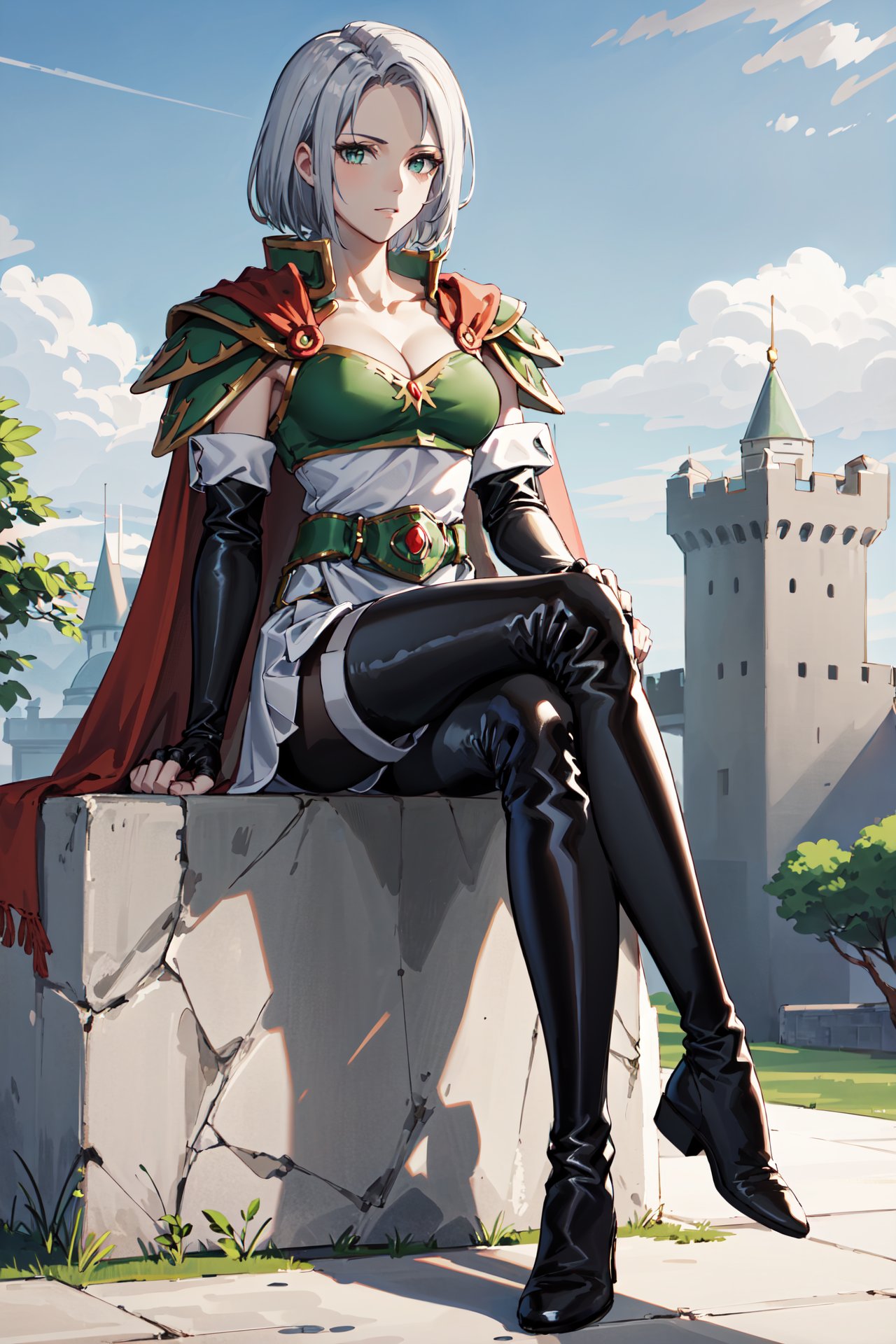 sitting crossed legs,  <lora:amaldaV3:0.85>,amalda,looking at viewer,thigh boots, cape, thighhighs,armor, elbow gloves, fingerless gloves, black footwear, pantyhose, cleavage, belt, shoulder armor, dress,skirt,outdoors,castle,sunlight,  (masterpiece, best quality, ultra-detailed, best shadow)