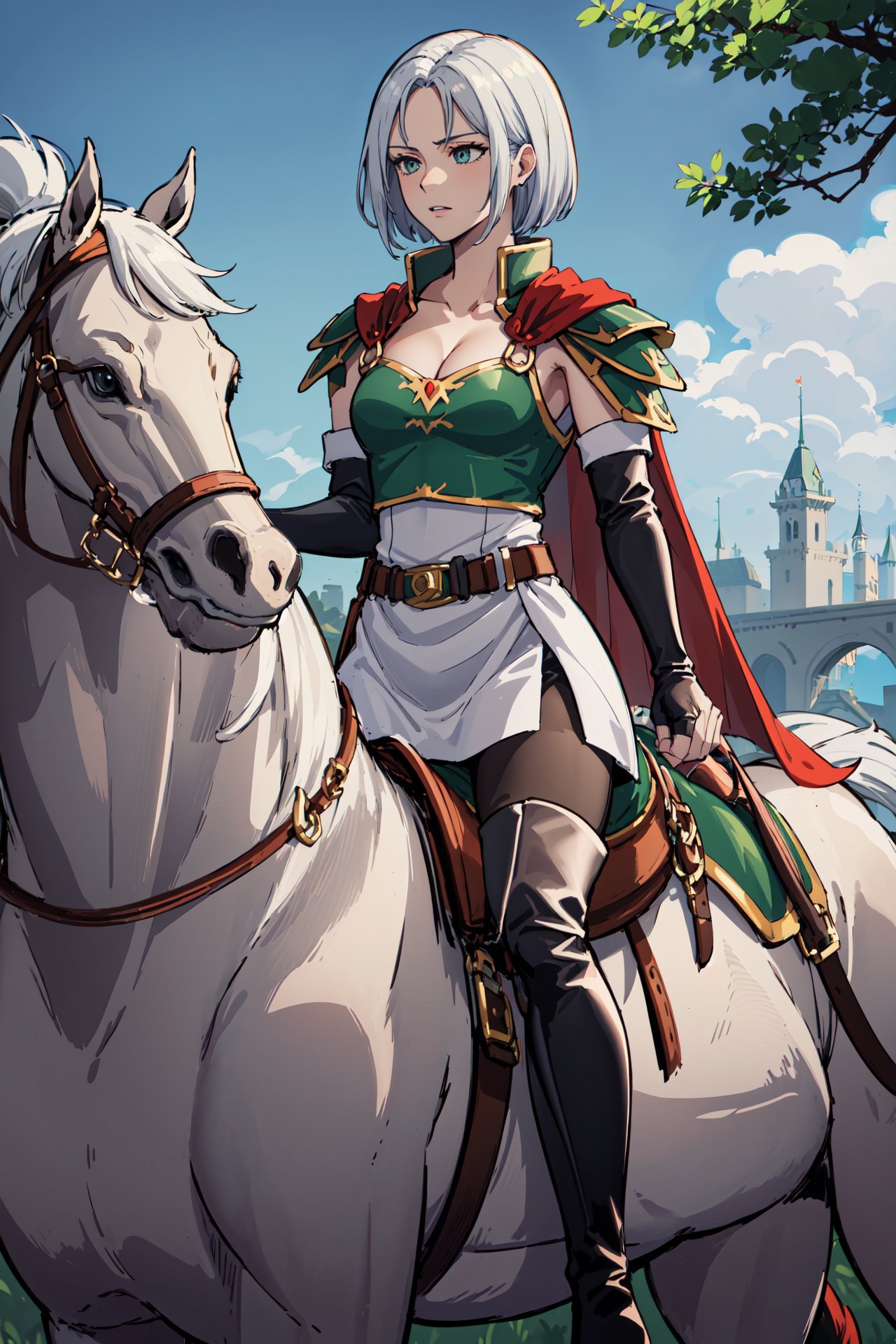 <lora:amaldaV3:0.7>,amalda, (horse,riding a horse,saddle,reins:1.2),thigh boots, cape, thighhighs,armor, elbow gloves, fingerless gloves, black footwear, pantyhose, cleavage, belt, shoulder armor, dress,skirt,outdoors,castle,sunlight,  (masterpiece, best quality, ultra-detailed, best shadow)