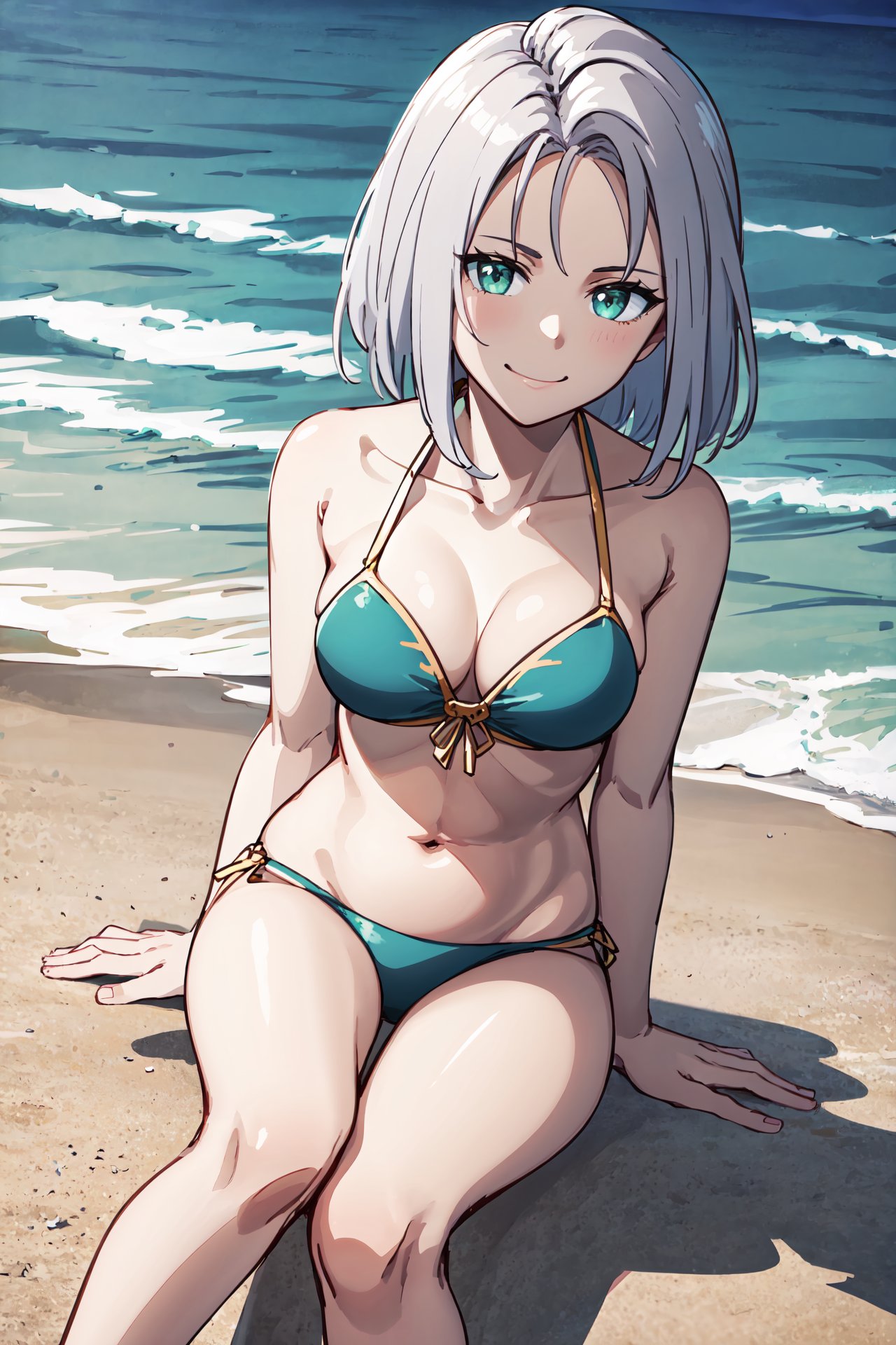 sitting parallel to the camera, hand on knee,spoken_question_mark,smug face,<lora:amaldaV3:0.9>,amalda,looking at viewer,bikini,outdoors,beach, (masterpiece, best quality, ultra-detailed, best shadow)