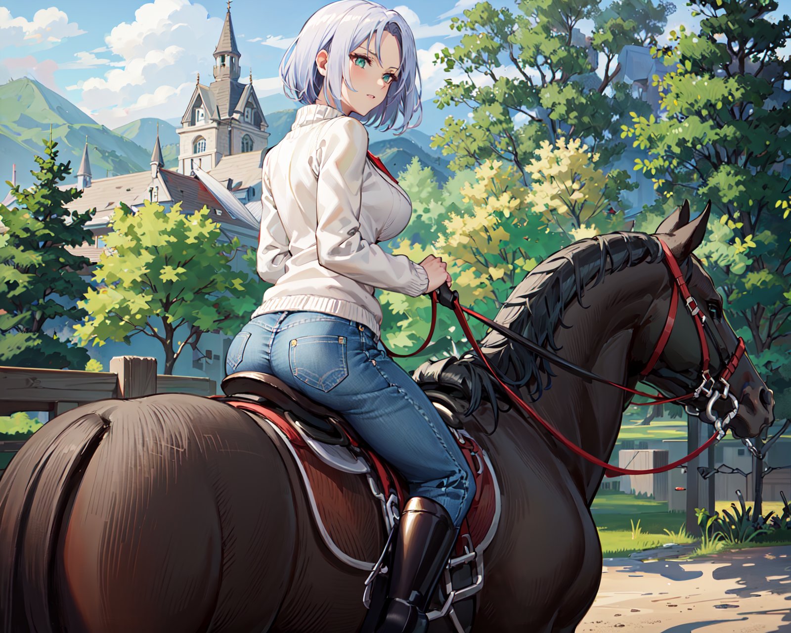 (from behind:1.2),ass,<lora:amaldaV3:0.7>,amalda,<lora:horseback_ridingV1:1>, horseback_riding,sweater,jeans,boots,large breasts,outdoors, (masterpiece, best quality, ultra-detailed, best shadow)