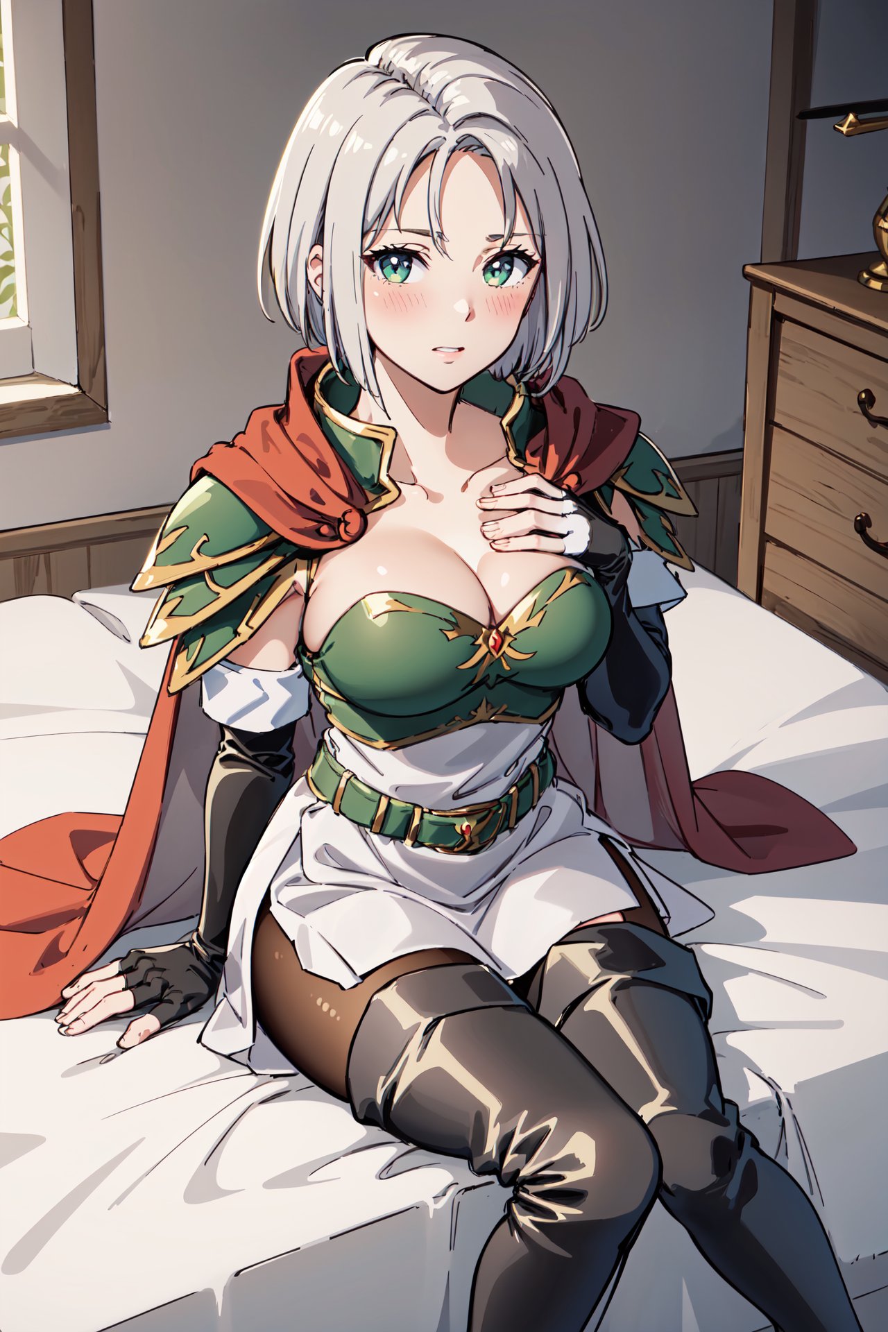 sitting on bed,from above, (hand on own chest:1.2),<lora:amaldaV3:0.85>,amalda, large breasts,blush,looking at viewer,thigh boots, cape, thighhighs,armor, elbow gloves, fingerless gloves, black footwear, pantyhose, cleavage, belt, shoulder armor, dress,skirt,indoors,castle,(masterpiece, best quality, ultra-detailed, best shadow)