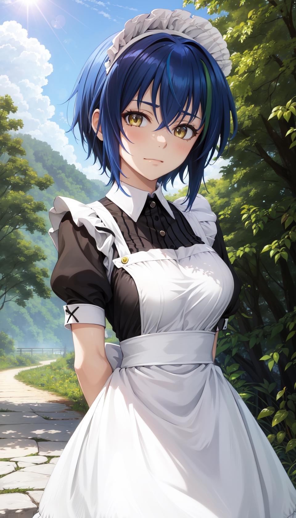 masterpiece, best quality, highres,XenoviaDef, 1girl, solo, blue hair, yellow eyes, two-tone hair, sidelocks, multicolored hair, short hair, streaked hair, bangs, hair between eyes, medium breasts, breasts, large breasts, expressionless, frown, raised eyebrows,maid, maid headdress, maid apron, puffy short sleeves, short sleeves, lace trim, lace,cowboy shot, arms behind back, looking at viewer, forest, sunlight, cloudy, laughing, <lora:Xenovia:1>