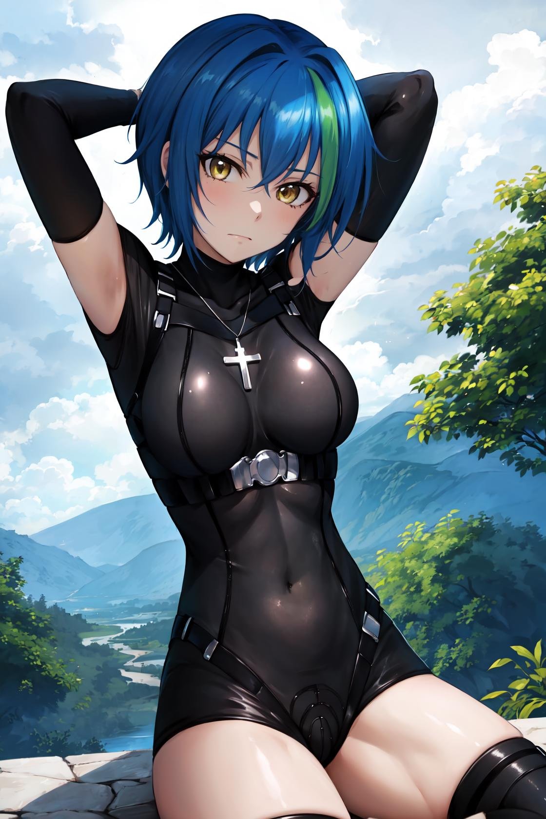 masterpiece, best quality, highres,XenoviaDef, 1girl, solo, blue hair, yellow eyes, two-tone hair, sidelocks, multicolored hair, short hair, streaked hair, bangs, hair between eyes, medium breasts, breasts, large breasts, expressionless, frown, raised eyebrows,thighhighs, gloves, short sleeves, boots, green hair, black gloves, elbow gloves, black thighhighs, fingerless gloves, black footwear, leotard, covered navel, thigh strap, shadow, turtleneck, halterneck, thigh boots, black leotard, on floor, arm strap, strap, impossible leotard, cross, cross necklace,sitting, cowboy shot, arms behind head, arms up, looking at viewer, forest, sunlight, cloudy, laughing, <lora:Xenovia:1>