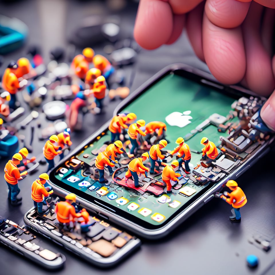 Create an detail image in which there is a group of miniature people are repairing a smartphone's internals,  with a tilt-shift effect to enhance realism, Miniature world, full detail.,Wonder of Art and Beauty