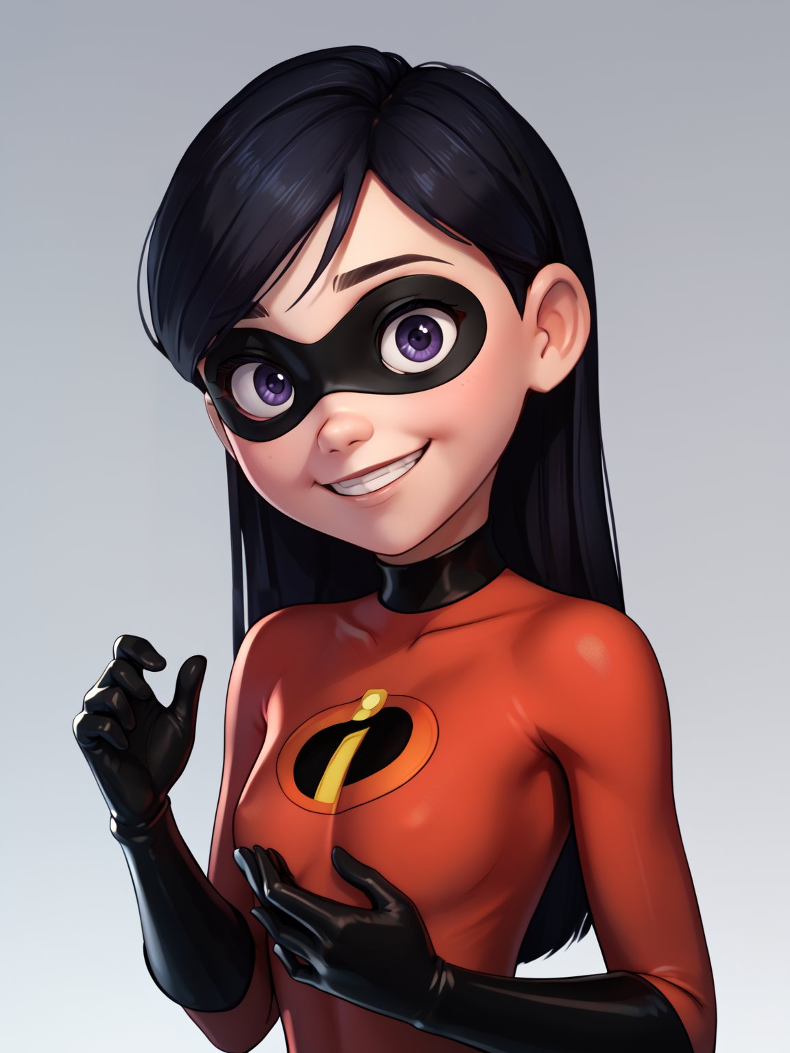 score_9, score_8_up, score_7_up, score_6_up, score_5_up, score_4_up, BREAK, source_cartoon, source_3d, 1girl, violetparr, mask, long hair, black hair, purple eyes, bodysuit, gloves, smile, upper body, looking at viewer, simple background     <lora:VioletParrXL:1>