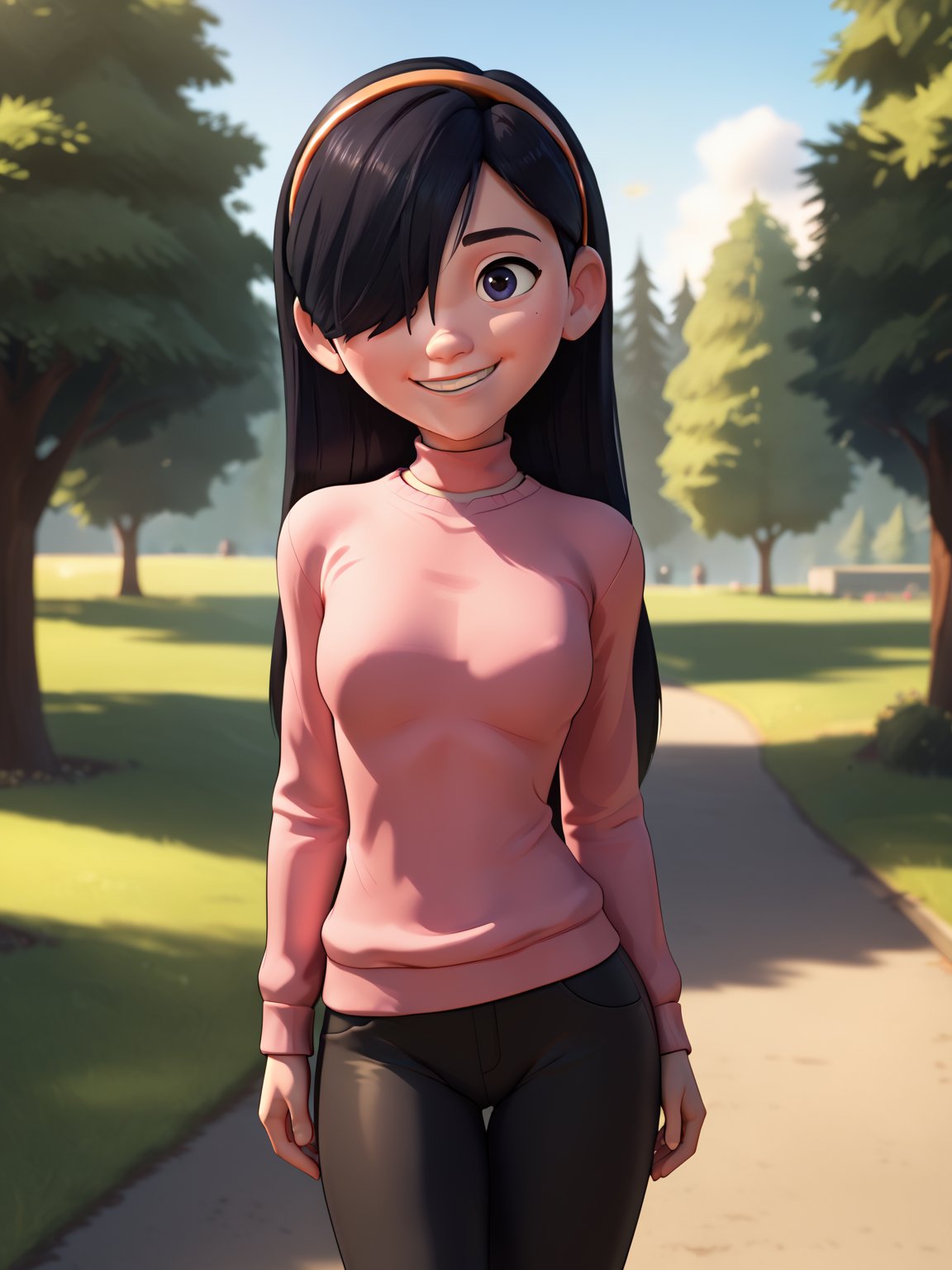 score_9, score_8_up, score_7_up, score_6_up, score_5_up, score_4_up, BREAK, source_cartoon, 3d, 1girl, solo, violetparr, long hair, black hair, hair over one eye, hairband, pink sweater, black pants, solo, smile, looking at viewer, outdoors, trees, park background   <lora:VioletParrXL:1>