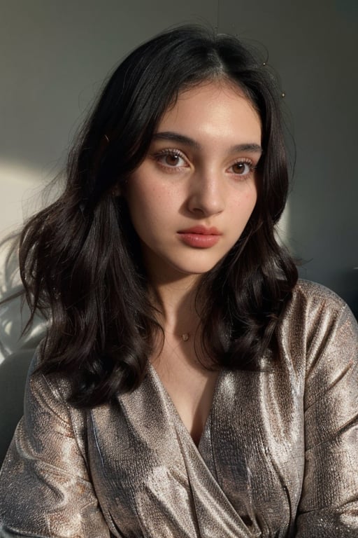 A detailed portrait of a young woman exuding elegance and natural grace. She has a voluminous updo hairstyle with wisps of hair tenderly framing her face. Her hazel eyes are accentuated by tasteful makeup, with a few light freckles across her nose and cheeks. She wears a high-necked black top, suggesting a blend of casual refinement. The lighting should illuminate her face against a subdued background, emphasizing her calm and confident expression. High Fashion, dynamic, dramatic, elegant, High fashion Vogue cover Dramatic photography, supermodel, avant garde style,Salshabilla,est4,Maudyaunda,gaby_rose