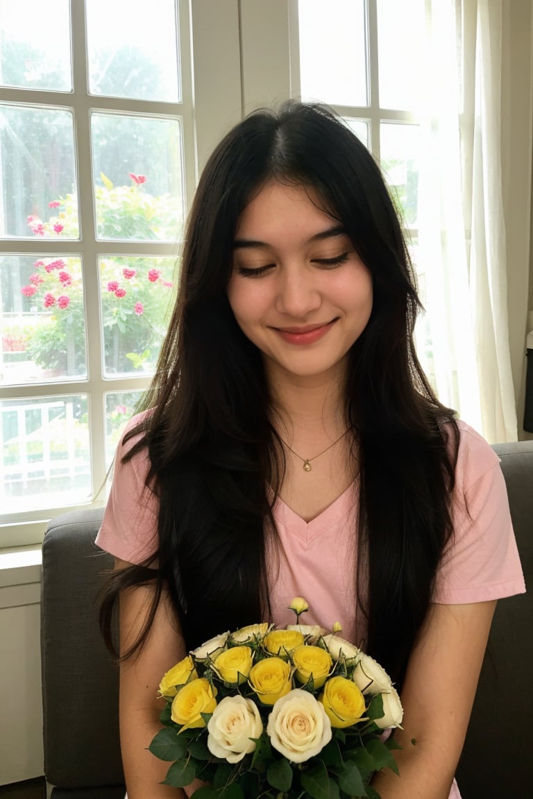 1girl, long hair, smile, shirt, black hair, 1boy, holding, closed eyes, flower, food, indoors, window, bread,Geayoub1,Chatezz,cewekgamers,gaby_rose