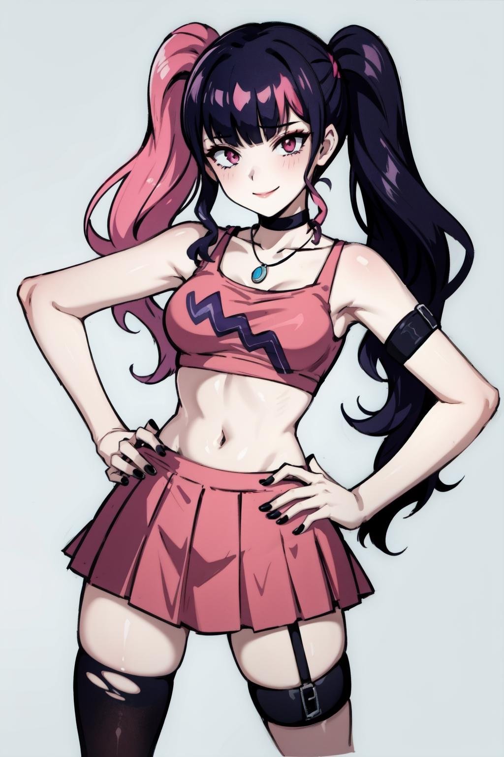 zoe rayne, 1girl,white background, solo, twintails, (split-color hair), necklace, pink pleated skirt, pink eyes, smile, (pink cropped tank top), looking at viewer, long hair, blunt bangs, black choker, hand on hip, black thighhighs, midriff, nail polish, pendant, torn thighhighs,bare shoulders, medium breasts, pale skin, thigh strap, pink hair, black hair,black nails, black single thighhigh, arm at side, cowboy shot, standing, red lips, closed mouth, zettai ryouiki,sidelocks, (best quality, masterpiece)