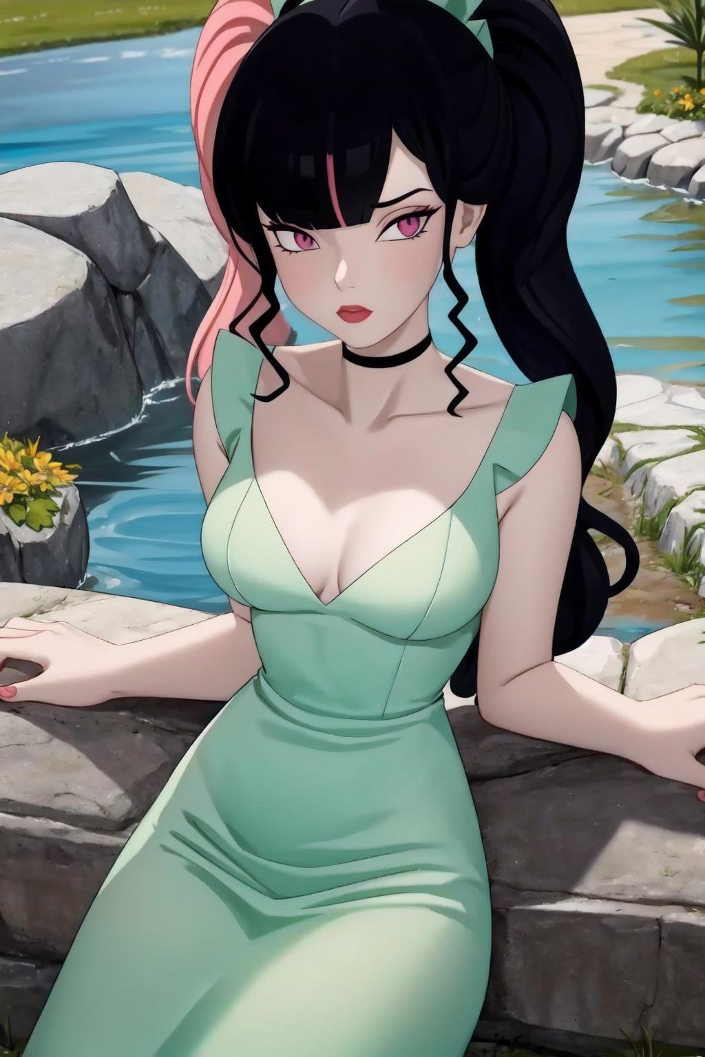 zoe rayne, 1girl, solo, twintails, split-color hair, pink eyes, green dress, (looking at viewer), long hair, blunt bangs, black choker, medium breasts, pale skin, (pink hair:1.2), black hair, sidelocks, outdoors,beach, palm, pond,from above,stone wall, (best quality, masterpiece) <lora:inusen_v1:1> <lora:zoe_rayne_v1:1> 