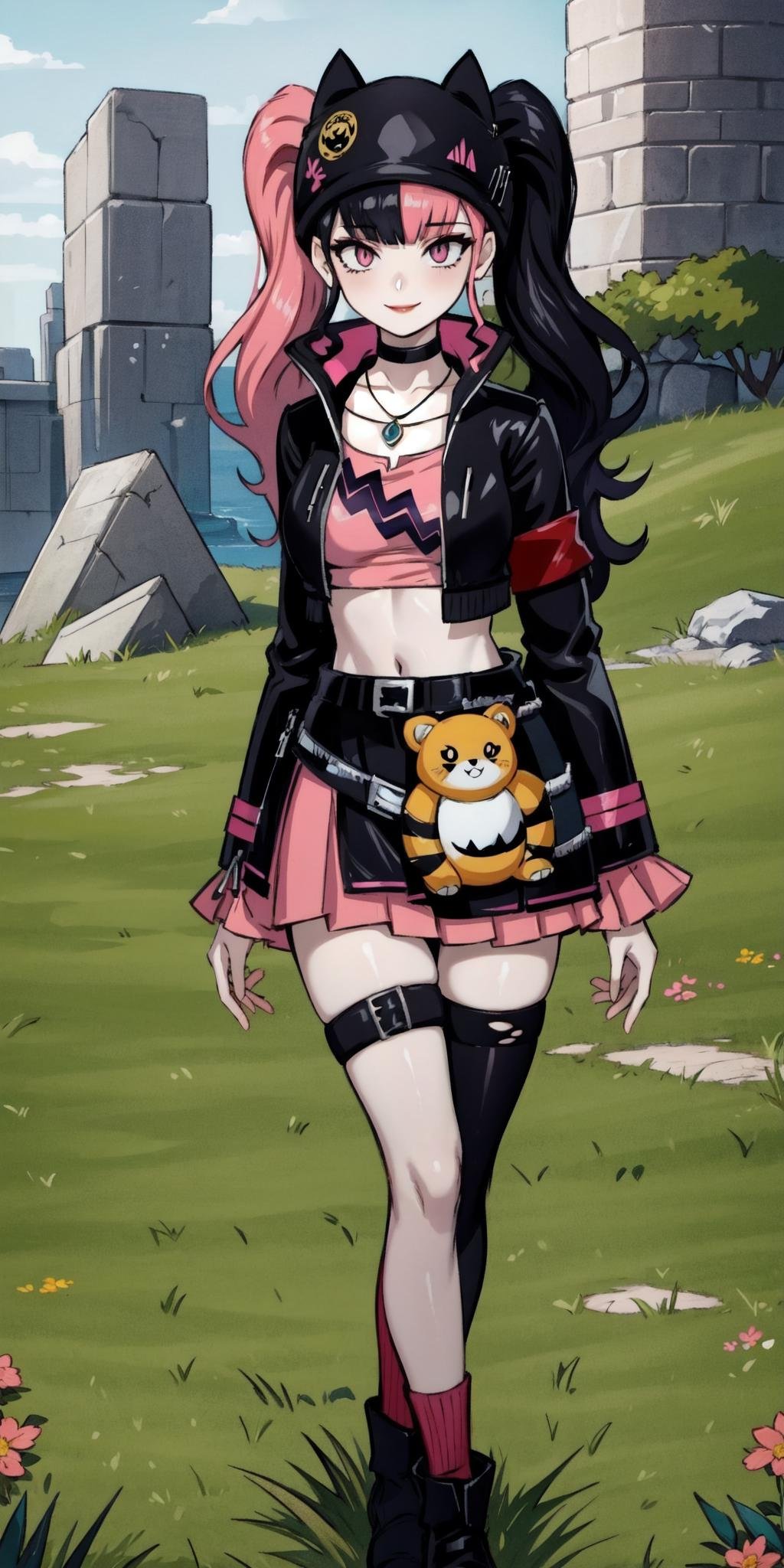 zoe rayne, 1girl, solo, twintails, split-color hair, necklace, pink pleated skirt, pink eyes, smile, pink cropped tank top, (looking at viewer), long hair, blunt bangs, black choker,facing viewer, straight-on,arms at sides, midriff, pendant, torn thighhighs,black cropped jacket,black overskirt,(black belt), (stuffed animal:1.3), medium breasts, pale skin, thigh strap, pink hair, black hair, (black single thighhigh:1.2).(single thighhigh:1.3), (red lips), closed mouth,(sidelocks), black cat hat,long sleeves, outdoors, grass, ruins, red and black single sock,  black boots, stone floor,pink triangle,skull print, (best quality, masterpiece)