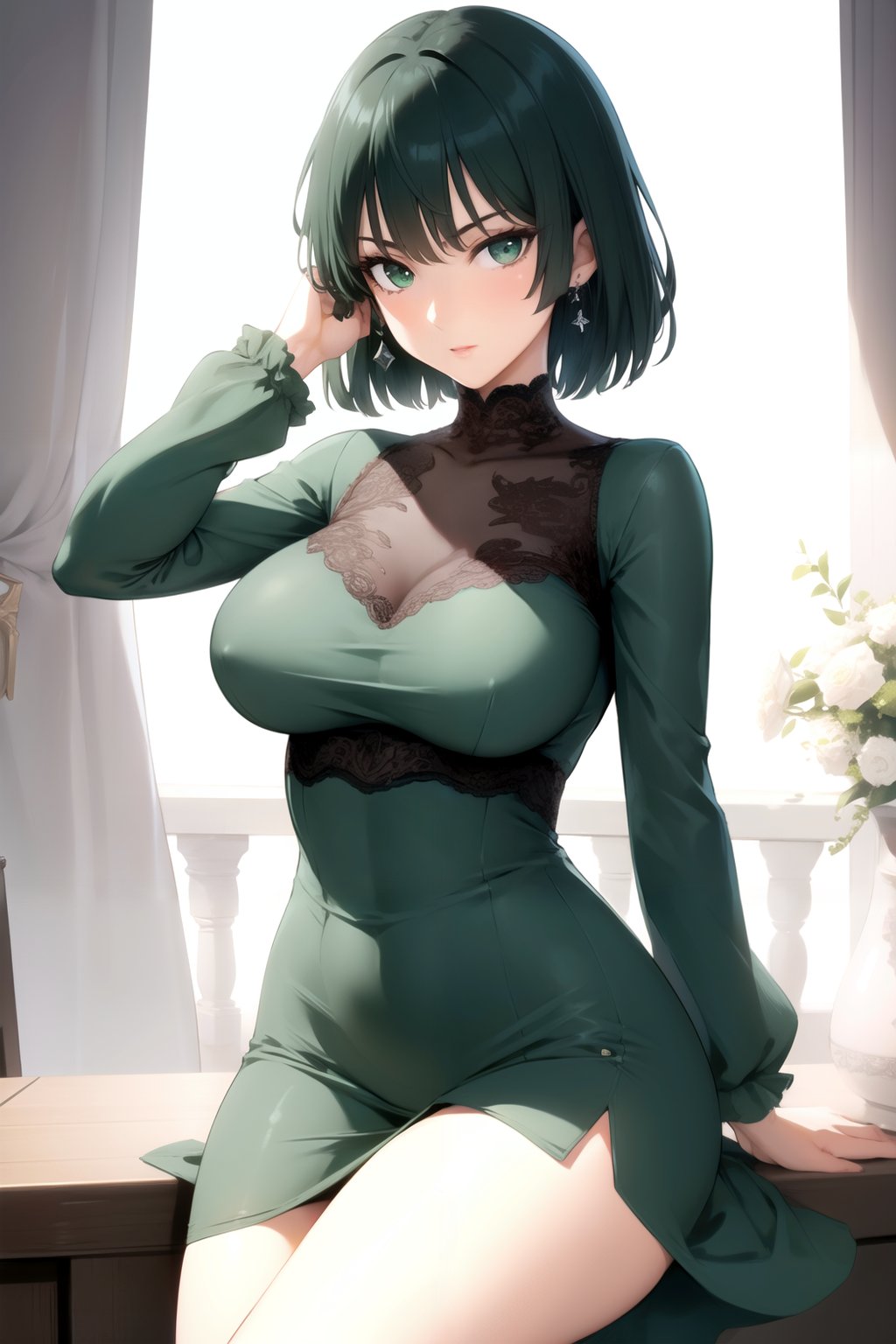 (masterpiece), (best quality),solo, 1girl, detailed face,short hair, large breasts, green eyes, dress, long sleeves, thighs <lora:Fubuki-08:0.8>