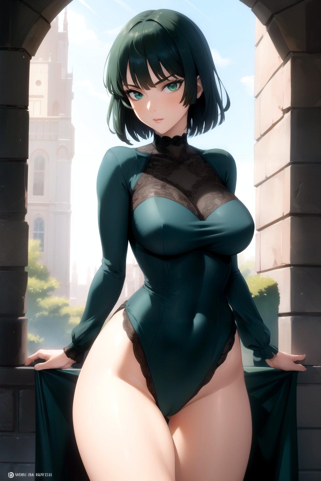 (masterpiece), (best quality),solo, 1girl, detailed face,short hair, large breasts, green eyes, dress, long sleeves, thighs <lora:Fubuki-08:0.8>