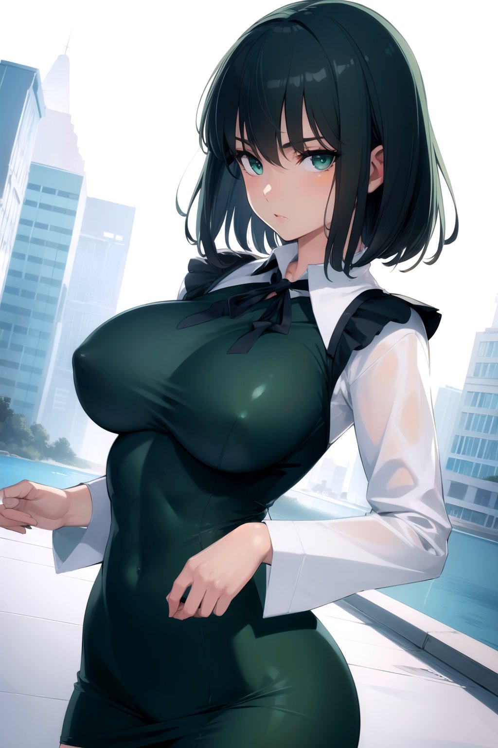 (masterpiece), (best quality),solo, 1girl, detailed face,fubuki, short hair, large breasts, green eyes, dress, long sleeves, thighs <lora:Fubuki:0.8>