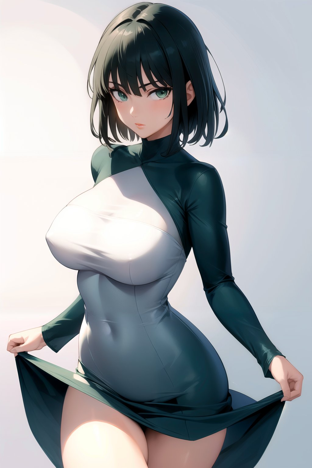 (masterpiece), (best quality),solo, 1girl, detailed face,fubuki, short hair, large breasts, green eyes, dress, long sleeves, thighs <lora:Fubuki-08:0.8>