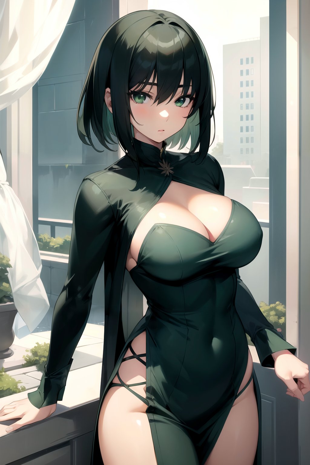 (masterpiece), (best quality),solo, 1girl, detailed face,fubuki, short hair, large breasts, black hair, green hair, looking at viewer, green eyes,green dress, long sleeves, <lora:Fubuki:0.85>