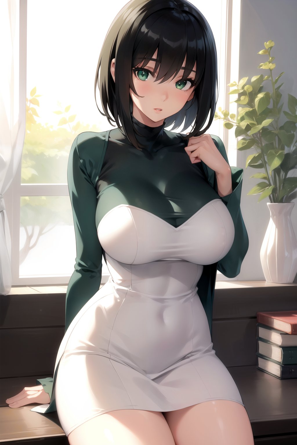 (masterpiece), (best quality),solo, 1girl, detailed face,fubuki, short hair, large breasts, green eyes, dress, long sleeves, <lora:Fubuki:0.85>