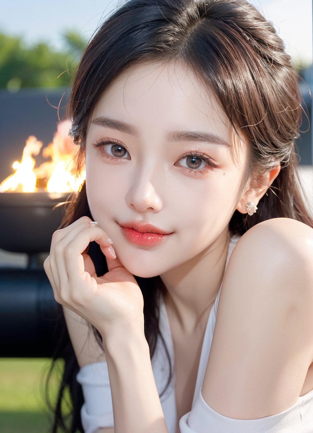 Hayoon, 1 girl, detailed face, a woman with long black hair, smile, outdoor scene, ((smiling)), (night light), led lighting, magnificent light, ((fire works)), close up, portrait, upperbody, RAW, (intricate details:1.3), (best quality:1.3), (masterpiece:1.3), (hyper realistic:1.3), best quality, 1 girl, ultra-detailed, ultra high resolution, very detailed mphysically based rendering, dynamic angle, dynamic pose, wind, 8K UHD, Vivid picture, High definition, intricate details, detailed texture, finely detailed, high detail, extremely detailed cg, High quality shadow, a realistic representation of the face, beautiful detailed, (high detailed skin, skin details), slim waist, beautiful and realistic and detailed hands and fingers:1, best ratio four finger and one thumb, (detailed face, detailed eyes, beautiful face), ((korean beauty, kpop idol, ulzzang, korean celebrity, korean cute, korean actress, korean, a beautiful 18 years old beautiful korean girl)), (high detailed skin, skin details), Detailed beautiful delicate face, Detailed beautiful delicate eyes, a face of perfect proportion, (beautiful and realistic and detailed hands and fingers:1.3), (Big breasts:1.3), (full body shot:1.3), (long legs:1.3), (sparkling eyes:1.3), (sparkling lips:1.3), taken by Canon EOS, SIGMA Art Lens 35mm F1.4, ISO 200 Shutter Speed 2000, Vivid ((korean beauty, kpop idol, ulzzang, korean celebrity, korean cute, korean actress, korean, 인스타 여신:1.3, a beautiful 18 years old beautiful korean girl)), (blue eye), (black long hair), chanel_jewelry, chanel_bag, vancleef_necklace, Nice legs and hot body, see-through, hourglass bodyshape , hayoon , photorealistic, Narin