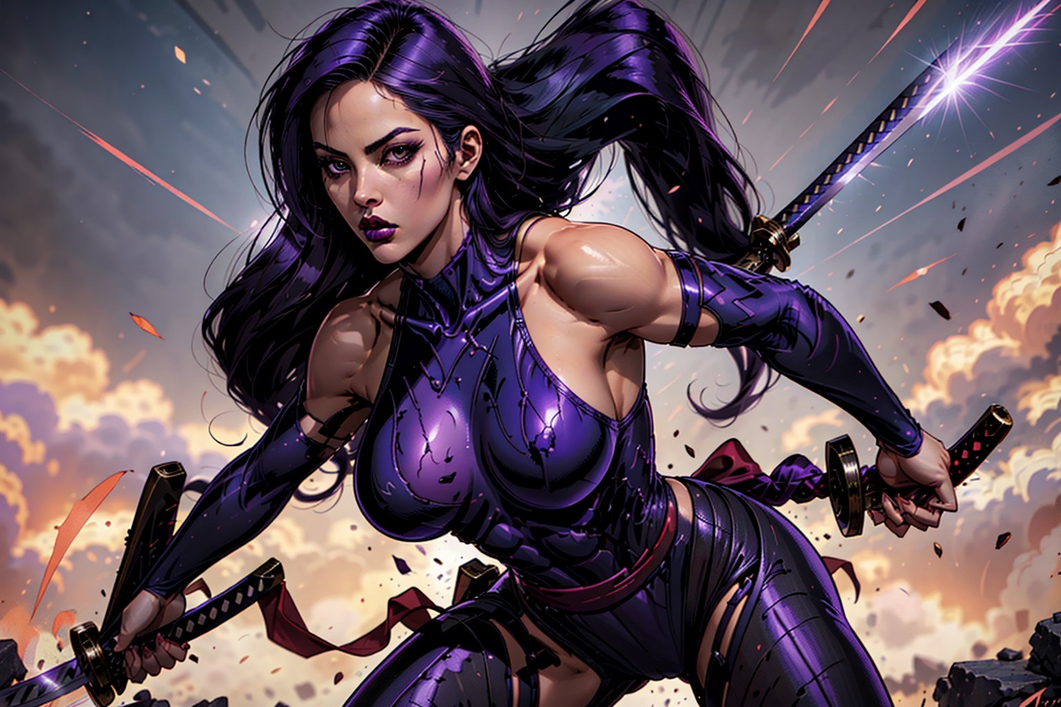 psylocke, long hair, large breasts, psylocke costume, muscular female, lipstick, holding a  katana, ninja pose