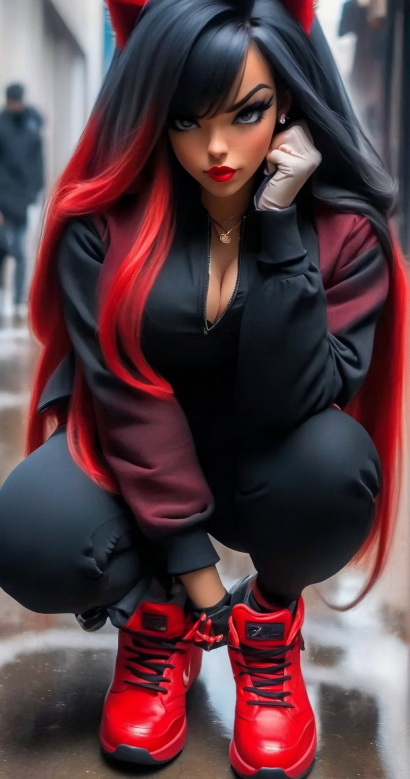 1girl, solo, long hair, looking at viewer, bangs, shirt, black hair, gloves, long sleeves, jewelry, closed mouth, jacket, full body, red hair, multicolored hair, earrings, outdoors, open clothes, shoes, black gloves, pants, hood, fingerless gloves, necklace, blurry, two-tone hair, open jacket, lips, black shirt, blurry background, black pants, squatting, red footwear, sneakers, red jacket, hoop earrings
