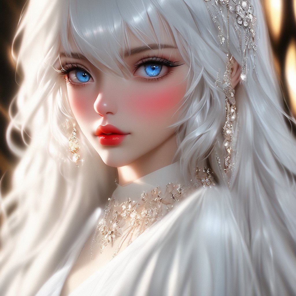1girl, solo, long hair, looking at viewer, bangs, blue eyes, jewelry, upper body, white hair, earrings, parted lips, white dress, blurry, lips, eyelashes, makeup, swept bangs, wavy hair, red lips