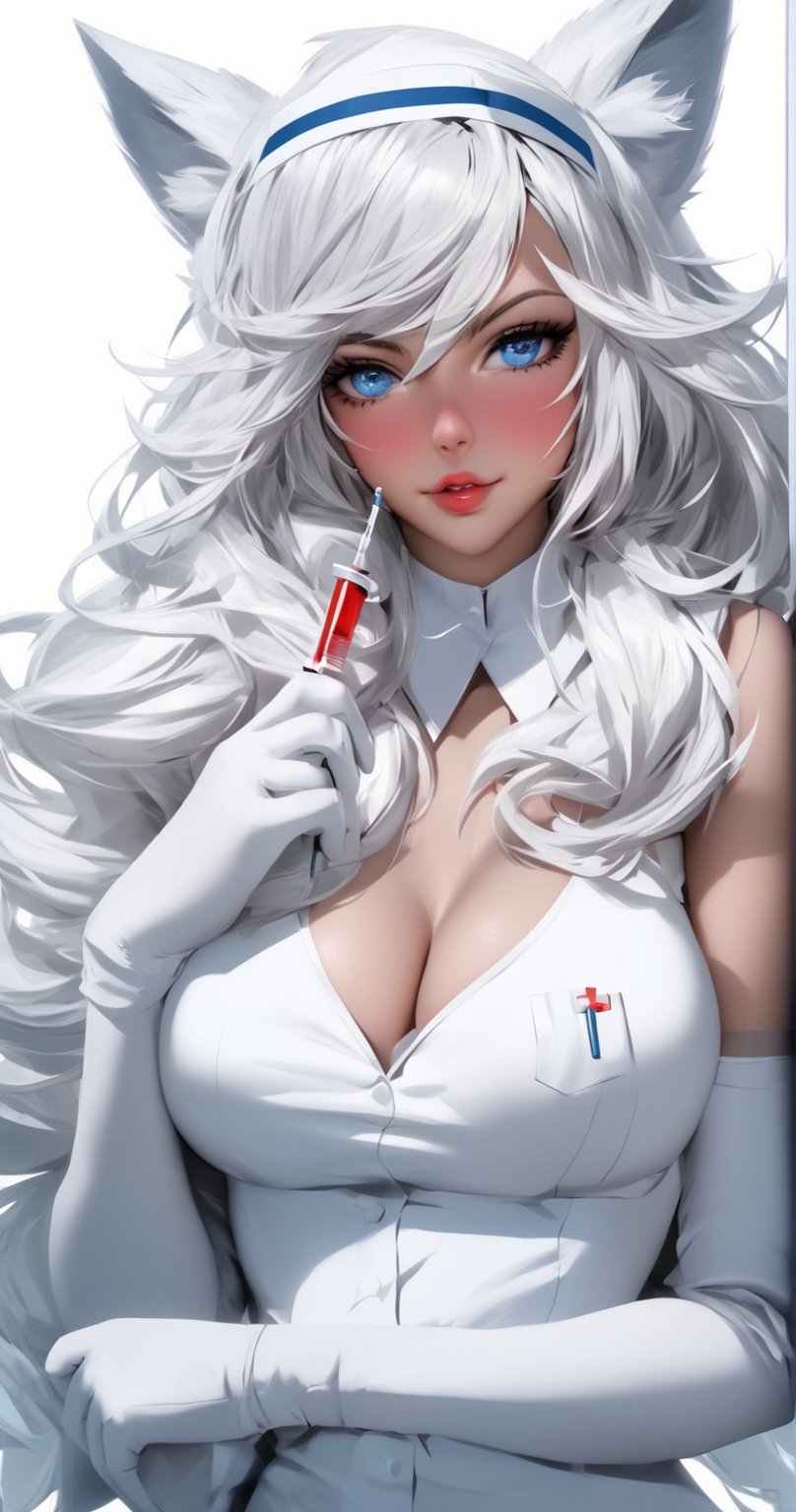 1girl, solo, long hair, breasts, looking at viewer, blush, blue eyes, gloves, hat, holding, animal ears, white hair, parted lips, white gloves, lips, nurse cap, nurse, syringe