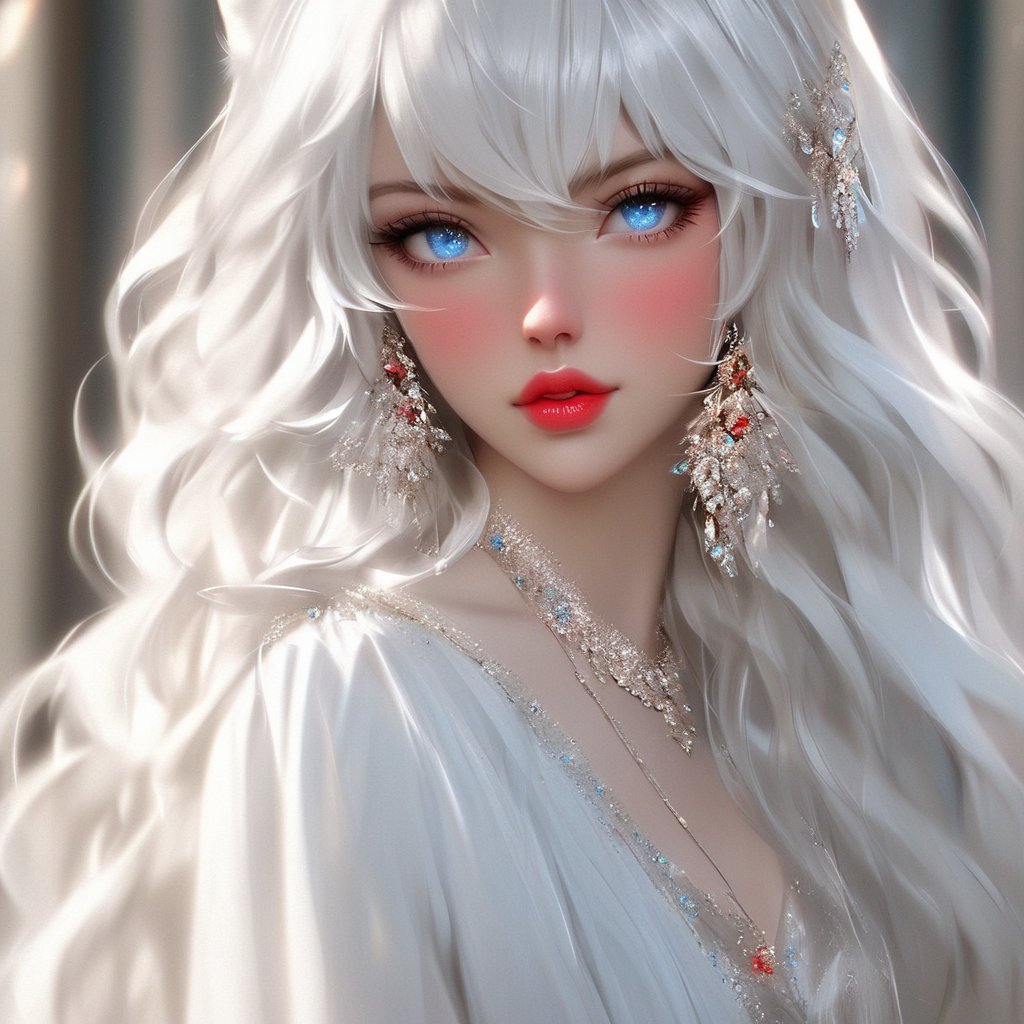 1girl, solo, long hair, looking at viewer, bangs, blue eyes, jewelry, upper body, white hair, earrings, parted lips, white dress, blurry, lips, eyelashes, makeup, swept bangs, wavy hair, red lips