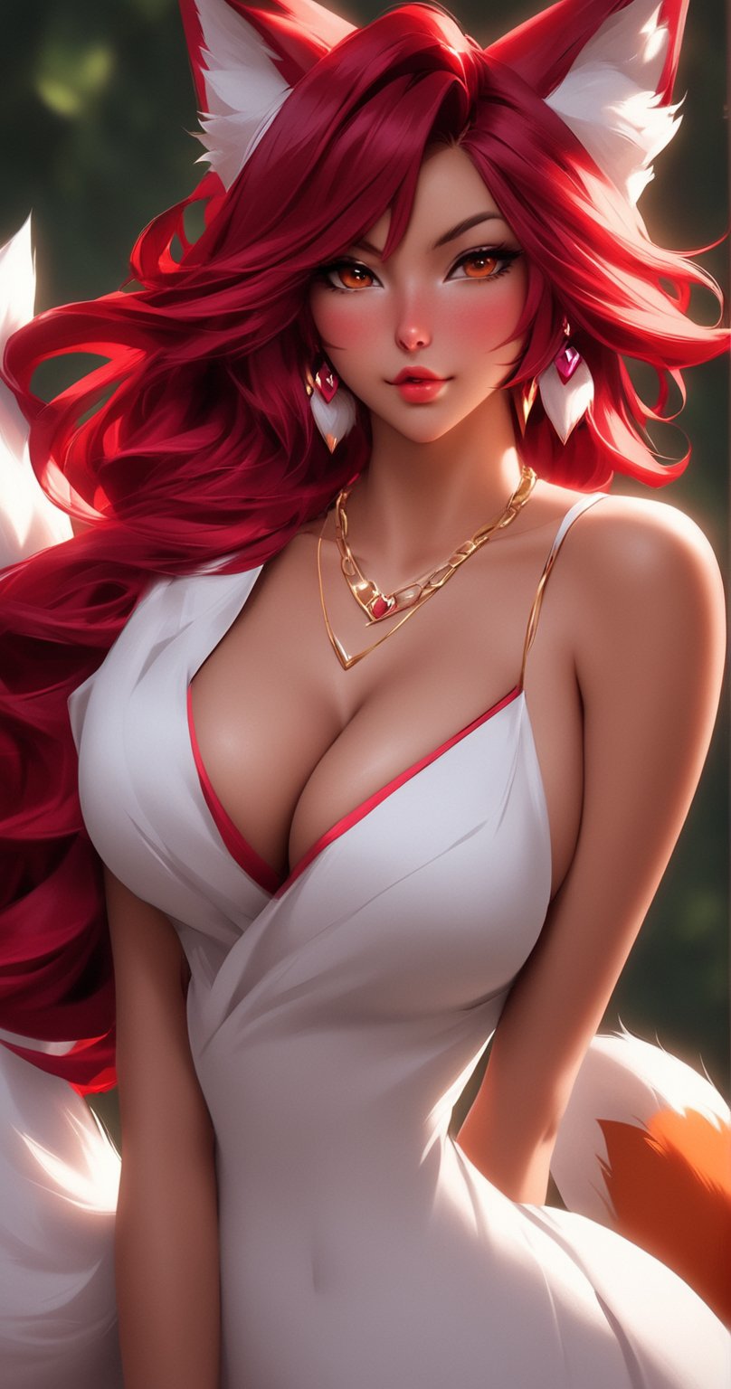 1girl, solo, long hair, breasts, looking at viewer, bangs, large breasts, black hair, dress, animal ears, cleavage, bare shoulders, brown eyes, jewelry, tail, upper body, red hair, multicolored hair, earrings, parted lips, necklace, white dress, blurry, lips, animal ear fluff, fox ears, blurry background, facial mark, whisker markings, ahri \(league of legends\)