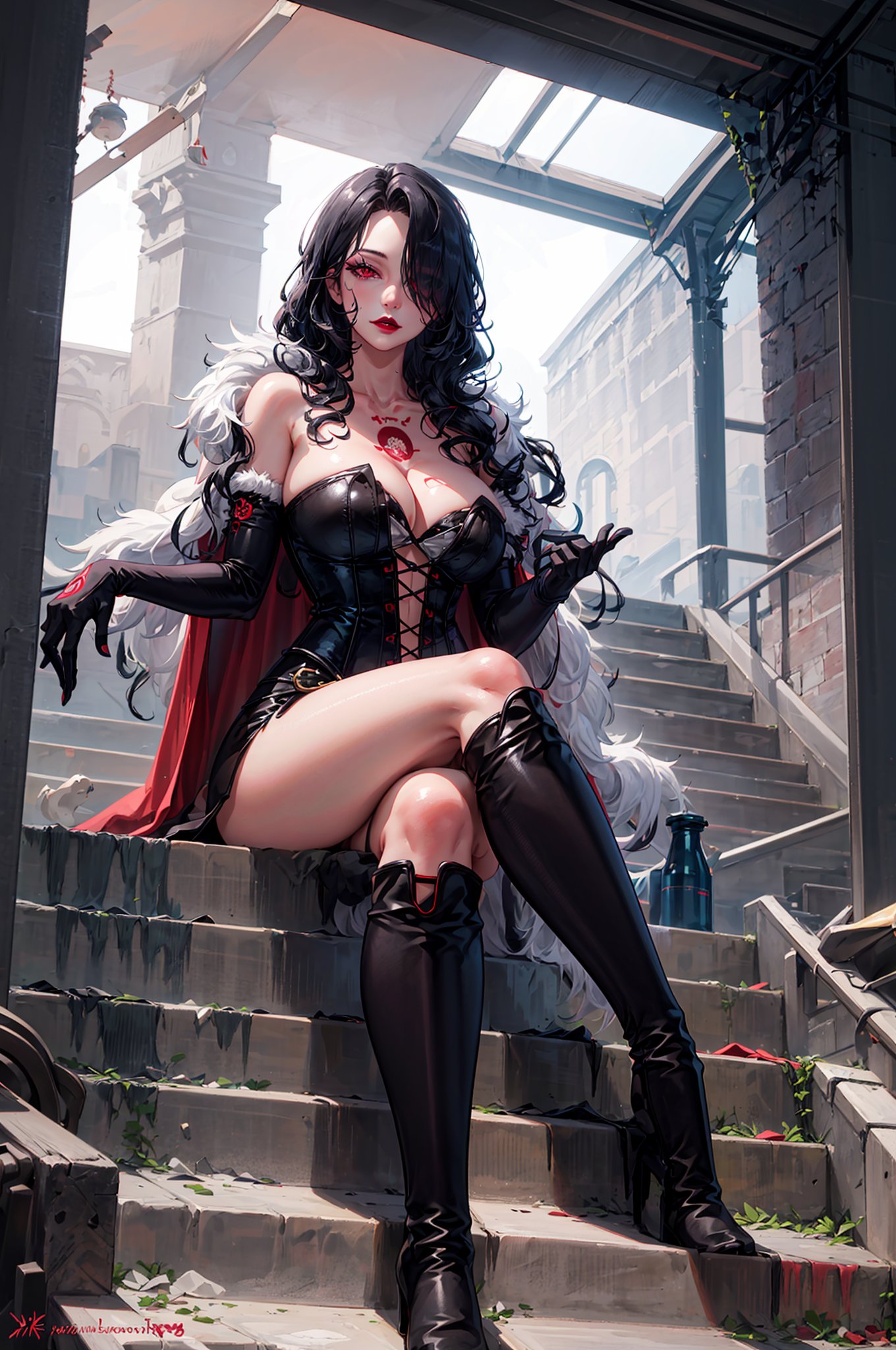 1girl, solo, long hair, breasts, looking at viewer, large breasts, black hair, red eyes, gloves, cleavage, jewelry, sitting, thighs, boots, black gloves, elbow gloves, cape, hair over one eye, fur trim, tattoo, makeup, knee boots, crossed legs, lipstick, corset, stairs, whip, chest tattoo