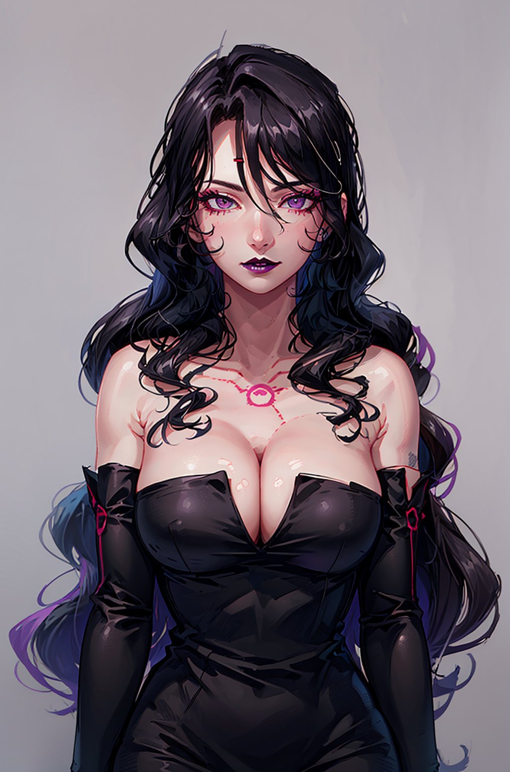 1girl, solo, long hair, breasts, looking at viewer, large breasts, simple background, black hair, dress, cleavage, bare shoulders, purple eyes, upper body, detached sleeves, artist name, black dress, tattoo, makeup, wavy hair, lipstick, purple lips, chest tattoo, black lips