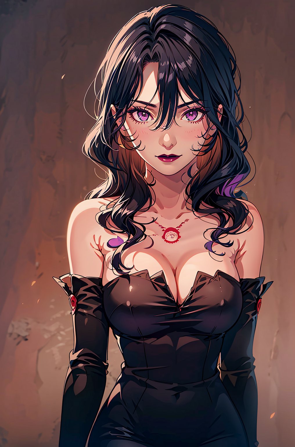 1girl, solo, long hair, breasts, looking at viewer, large breasts, simple background, black hair, dress, cleavage, bare shoulders, purple eyes, upper body, detached sleeves, artist name, black dress, tattoo, makeup, wavy hair, lipstick, purple lips, chest tattoo, black lips