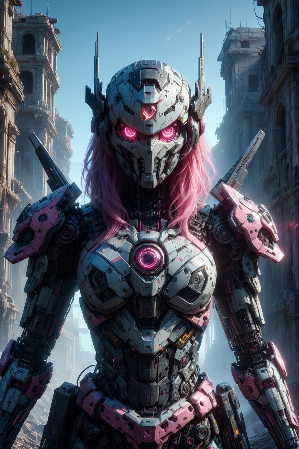 ((Best Quality)), ((Masterpiece)), (Very Detailed:1.3), 3D, Shitu-mecha, Beautiful cyberpunk woman with her pink mech in the ruins of a city in the forgotten war, Ancient technology, HDR (High Dynamic Range), ray tracing, NVIDIA RTX, super resolution, unreal 5, subsurface scattering, PBR texture, post-processing, anisotropic filtering, depth of field, maximum sharpness and sharpness, multi-layer texture, albedo and highlight maps, surface shading, Accurate simulation of light-material interactions, perfect proportions, octane rendering, duotone lighting, low ISO, white balance, rule of thirds, wide aperture, 8K RAW, high efficiency sub-pixels, subpixel convolution, luminous particles, light scattering, tyndall effect (whole body), (delicate facial features), (perfect face), dynamic angles.