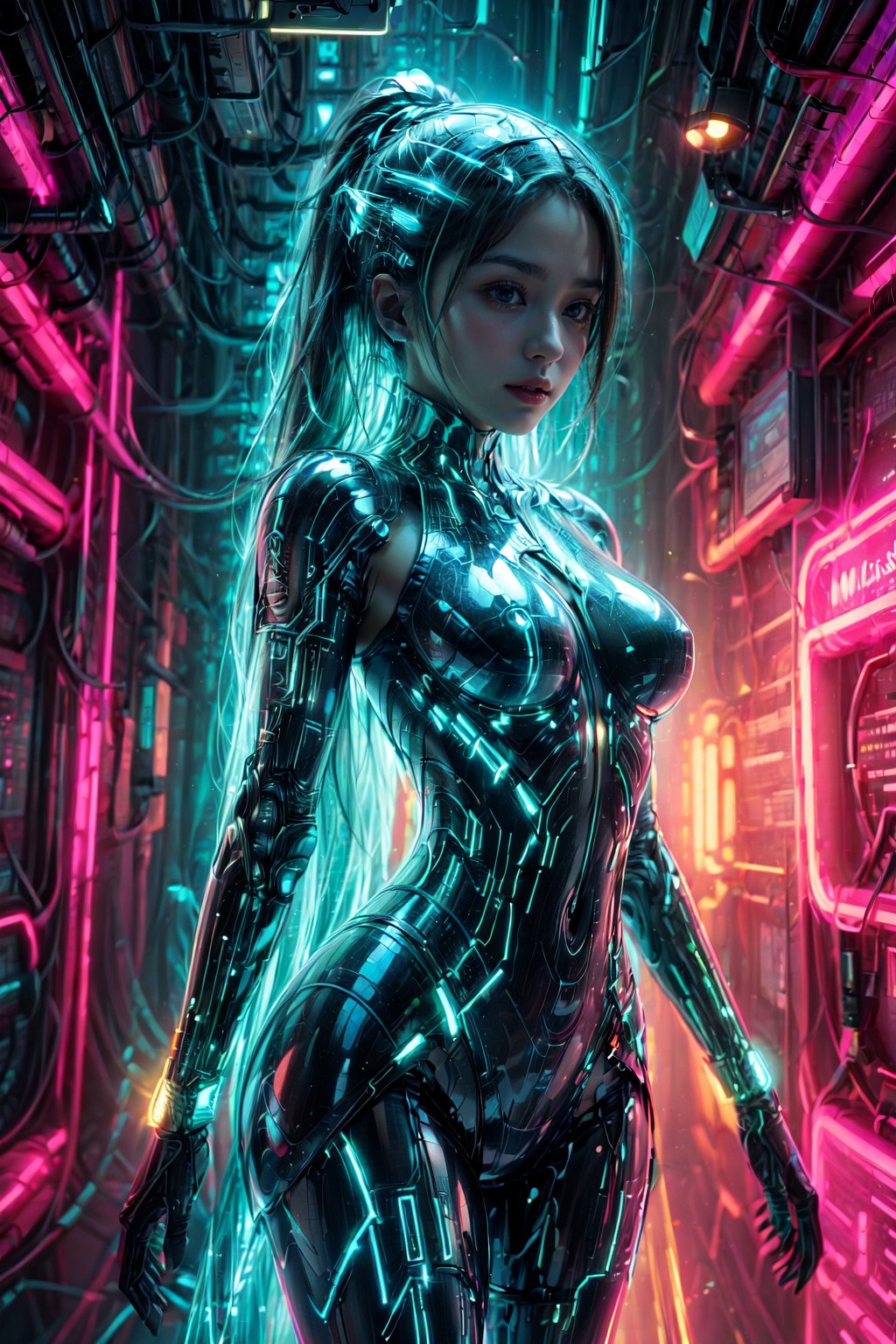 Ultra detailed illustration of a cyberpunk female mech warrior, phantasmagorical and translucent armor:1.5, translucent cybernetic enhancements:1.5, inspired by Mschiffer, vibrant neon lights, sparkling light particles, colorful scene with CMYK colors, strong backlighting, by FuturEvoLab, (masterpiece: 2), best quality, ultra highres, original, extremely detailed, perfect lighting, Strong Backlit Particles, ,Colorful Binary Code Energy