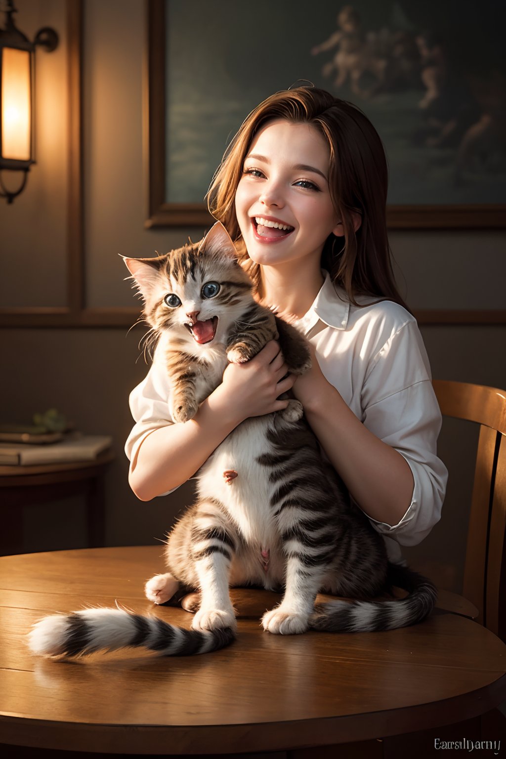 by (((Lori Earley) and  Brian Mashburn ) and  Mark Keathley ) and Evgeny Lushpin, hyperdetailed photography of a cute happy woman holding up two cute kittens while laughing maniacally laughter, dual wielding kittens   
