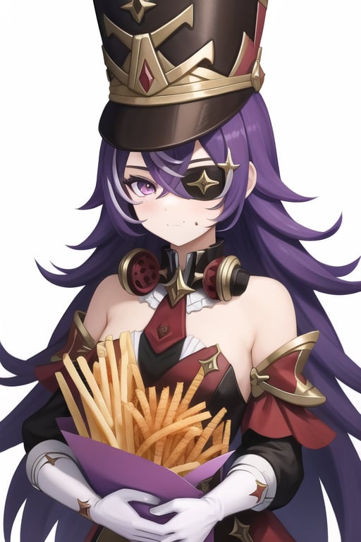 Chevreuse,1girl,food,food on face,solo,hat,purple hair,holding,eyepatch,french fries,long hair,gloves,eating,purple eyes,holding food,looking at viewer,white gloves,white background,bare shoulders,bangs,military hat,uniform,hair between eyes,simple background,chicken \(food\), 1girl,
(masterpiece,best quality:1.2),absurdres