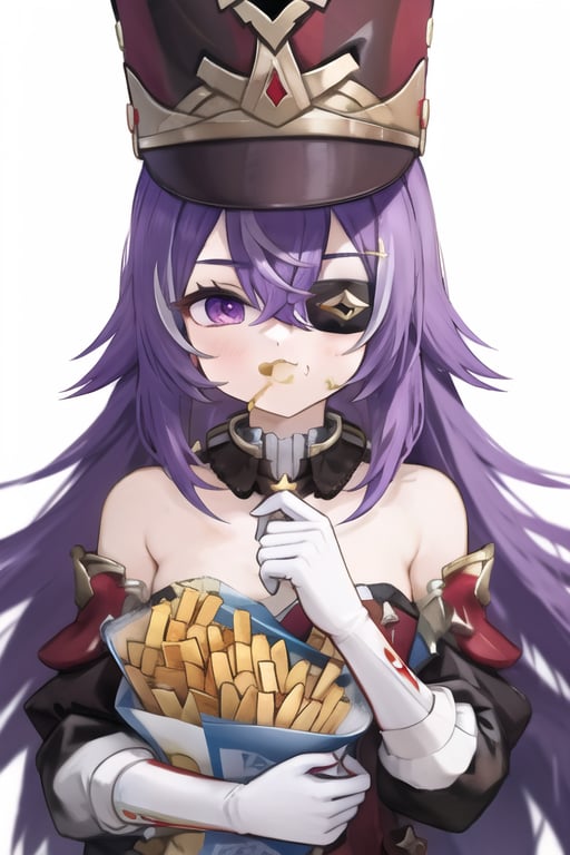 Chevreuse,1girl,food,food on face,solo,hat,purple hair,holding,eyepatch,french fries,long hair,gloves,eating,purple eyes,holding food,looking at viewer,white gloves,white background,bare shoulders,bangs,military hat,uniform,hair between eyes,simple background,chicken \(food\), 1girl,
(masterpiece,best quality:1.2),absurdres