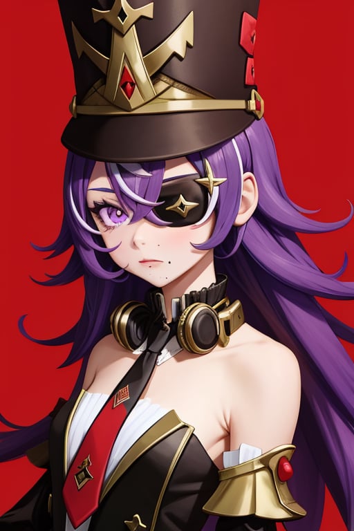 Chevreuse, 1girl, purple eyes, purple hair, solo, hat, long hair, eyepatch, gloves, headphones, red background, looking at viewer, necktie, uniform, simple background, detached sleeves, mole, headphones around neck, bare shoulders, 1girl, (masterpiece, best quality:1.2), absurdres